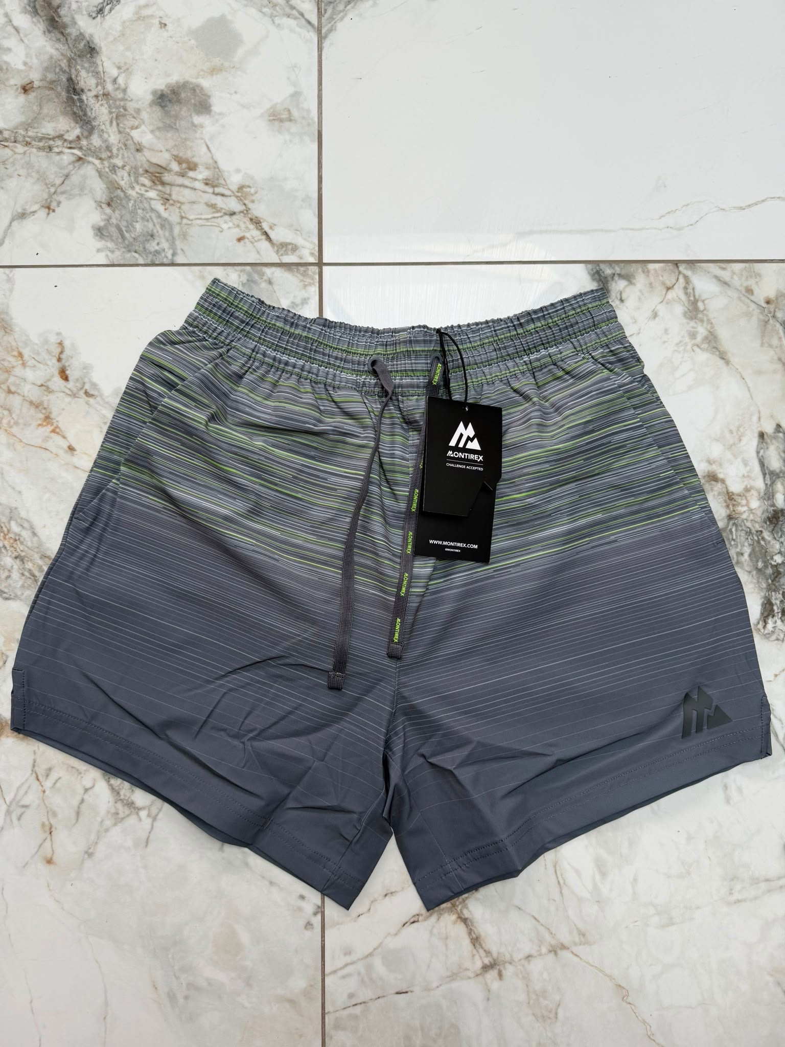 Montirex Men's Swim Shorts Grey/Green Striped Drawstring Elastic Waist Size S