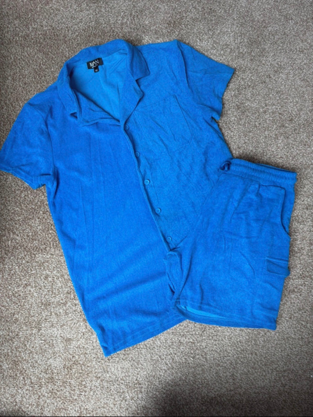 boohooMAN Men's 2pc Terry Shirt & Shorts Set Pockets Drawstring Blue M