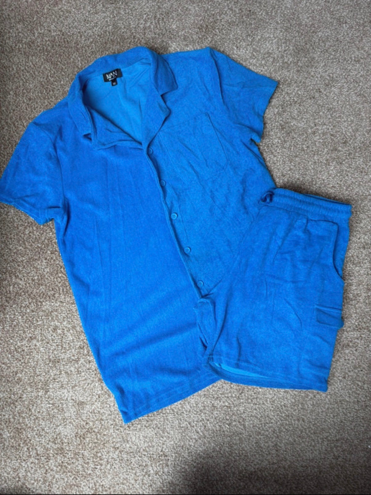 boohooMAN Men's 2pc Terry Shirt & Shorts Set Pockets Drawstring Blue M