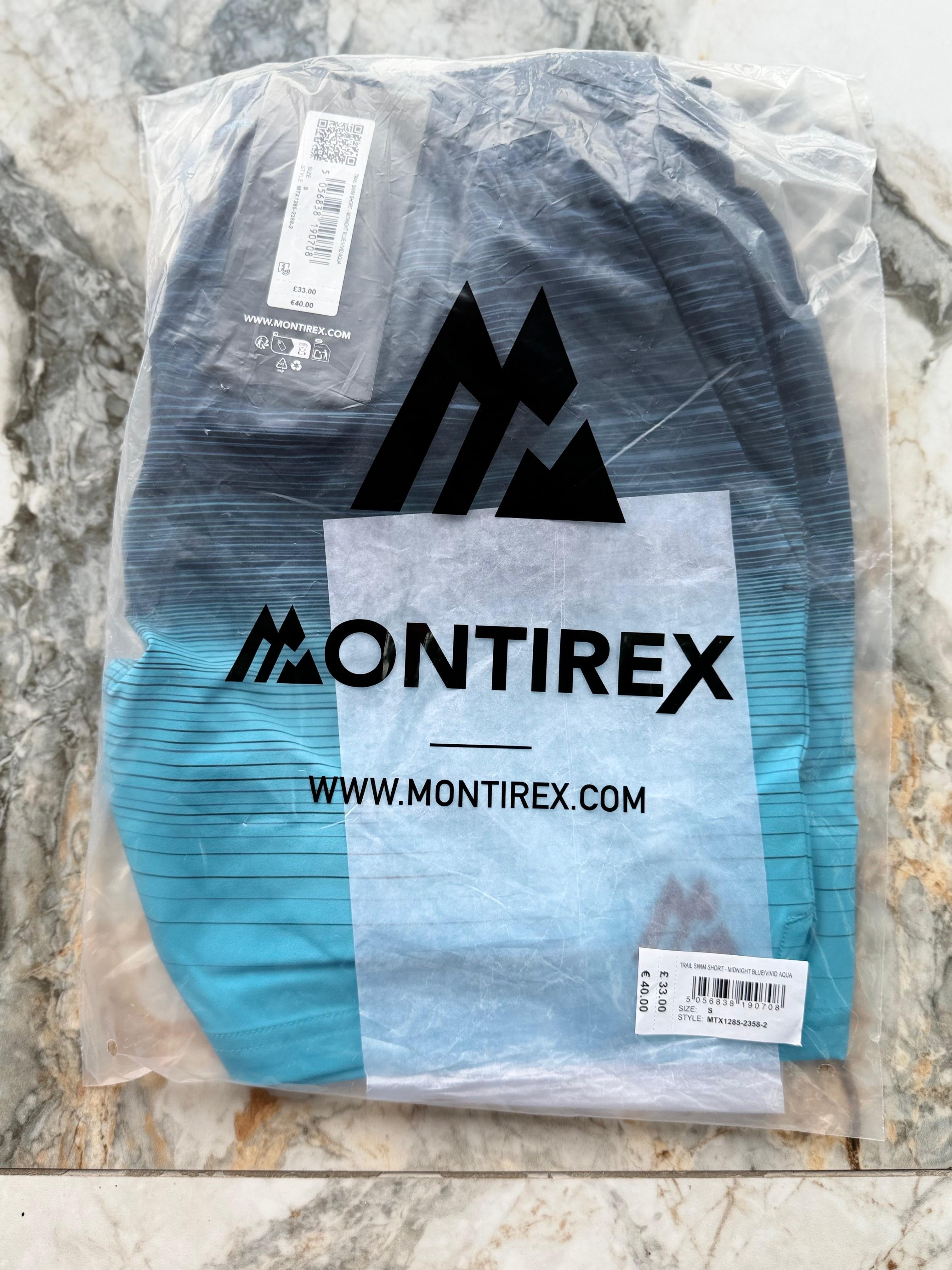 Montirex Men's Swim Shorts S Blue/Aqua Striped Gradient Elastic Waist Mesh Lined