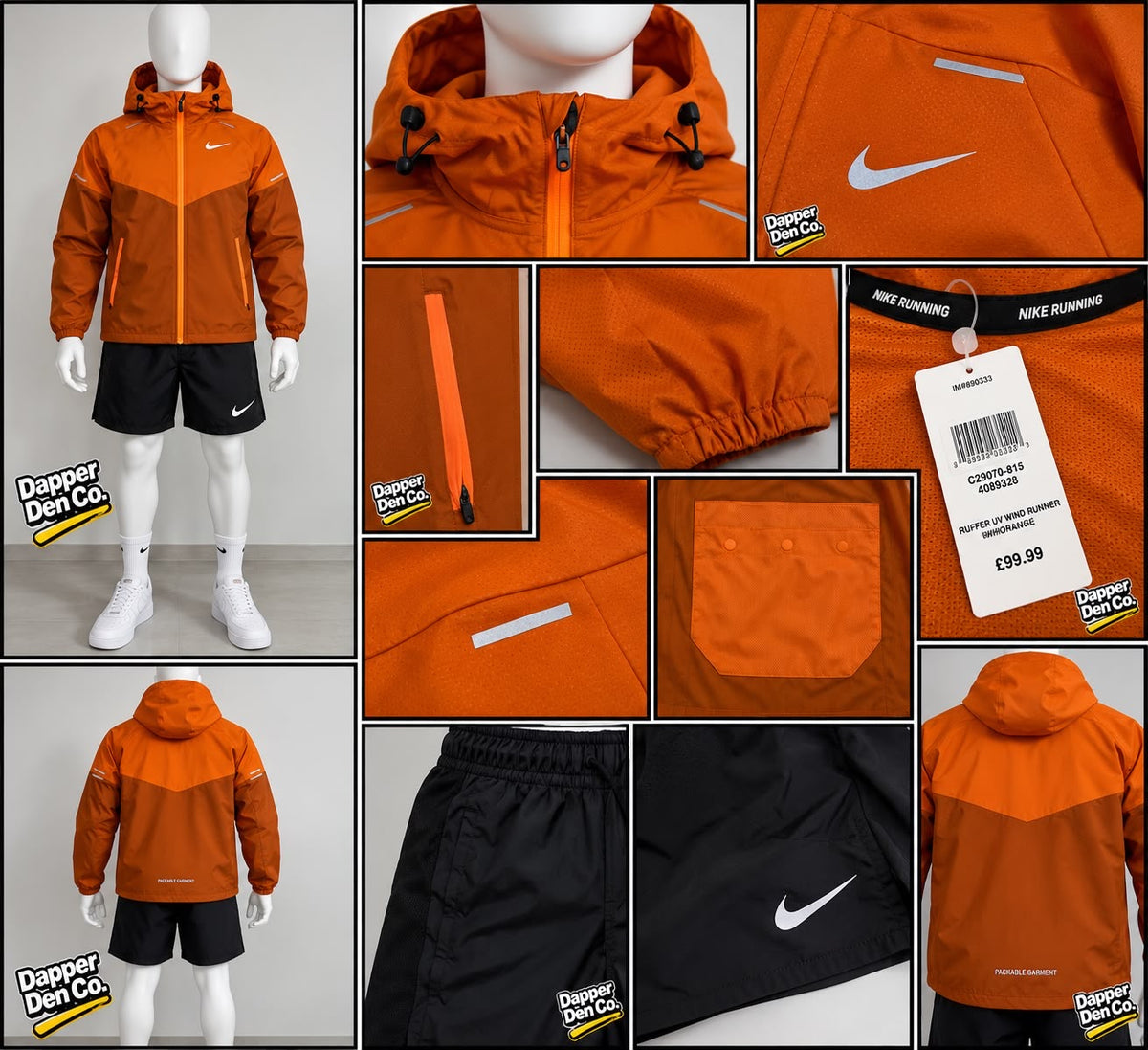 Nike Run Windrunner Men's Zip Windbreaker & Running Shorts Orange/Black Size M