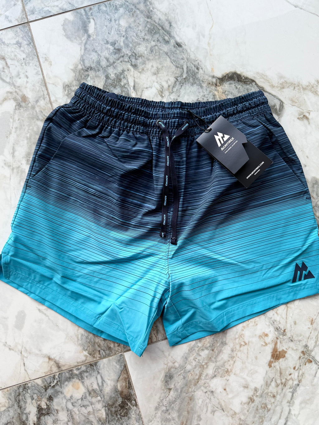 Montirex Men's Swim Shorts S Blue/Aqua Striped Gradient Elastic Waist Mesh Lined