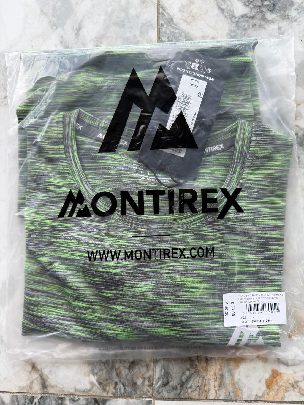 Montirex Trail 2.0 Men's Grey/Green Polyester Logo Crew T-Shirt Size L 234815