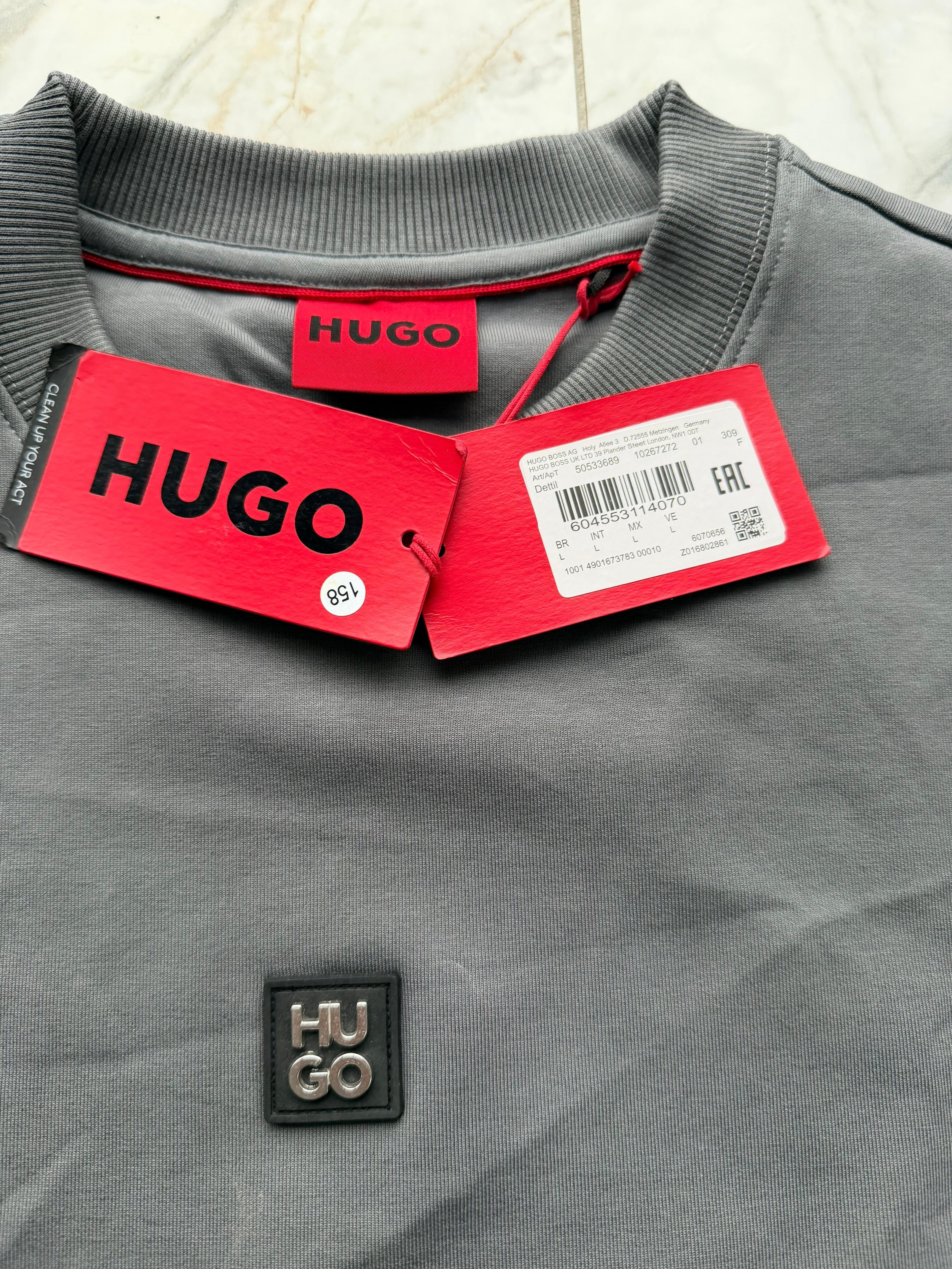 HUGO Men's Grey Crew Neck Pullover Logo Sweatshirt Size Large 50533689