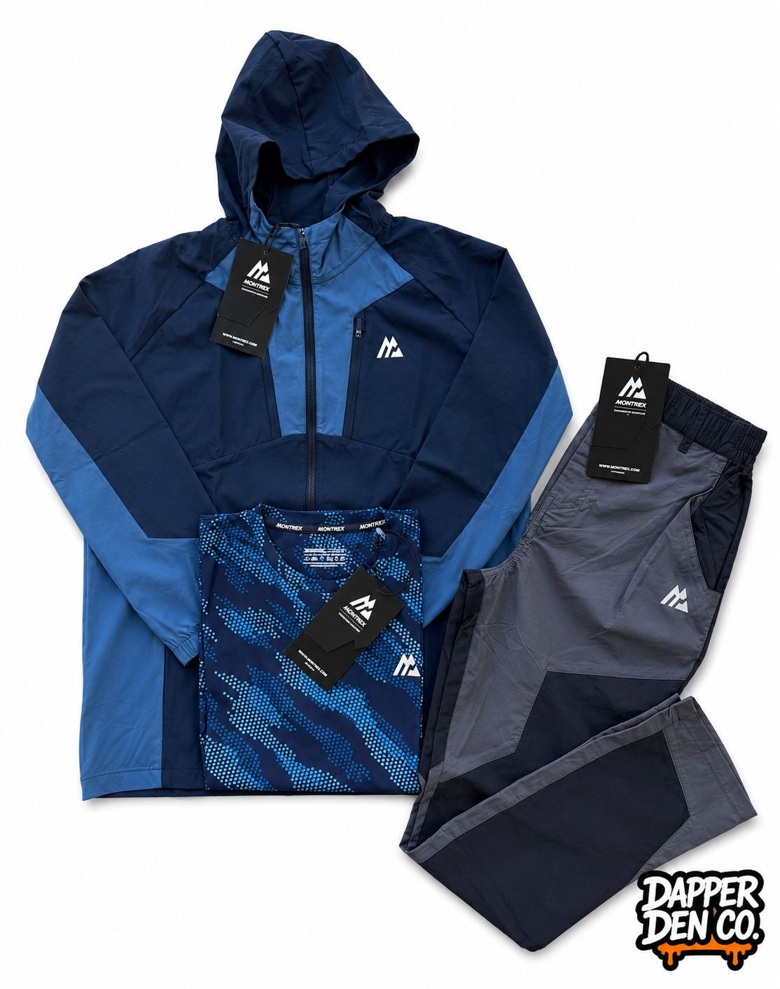 Montirex Men's 3pc Tracksuit Set Hooded Full Zip Jacket Tee Pants Blue XL