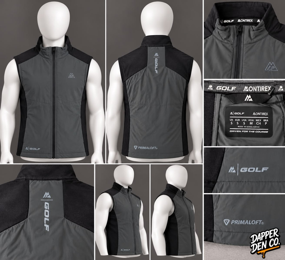 Montirex Men’s Golf Gilet Waistcoat Grey/Black S Full Zip PrimaLoft