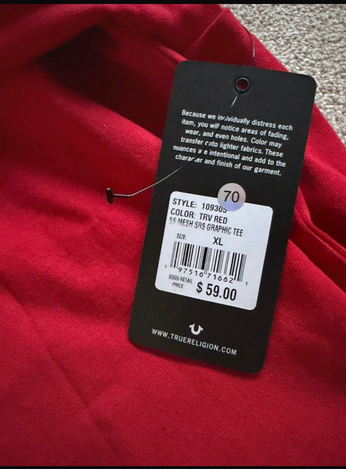 True Religion Men’s Red Logo Graphic Print Crew Neck Short Sleeve T-Shirt XL