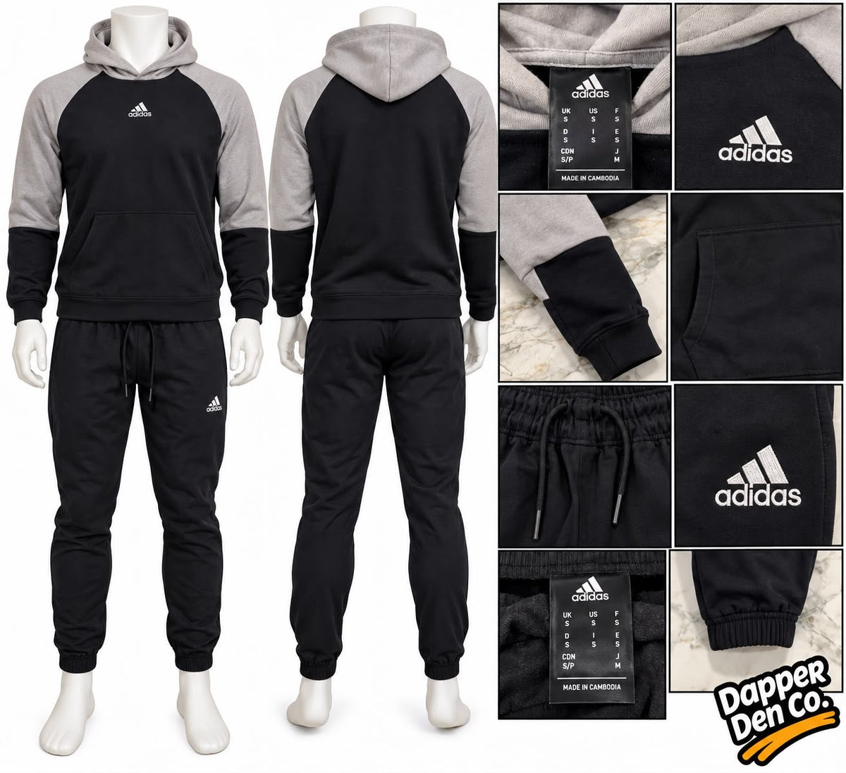 adidas Men's Logo 2pc Fleece Hoodie & Track Pants Set Pockets Black/Grey S