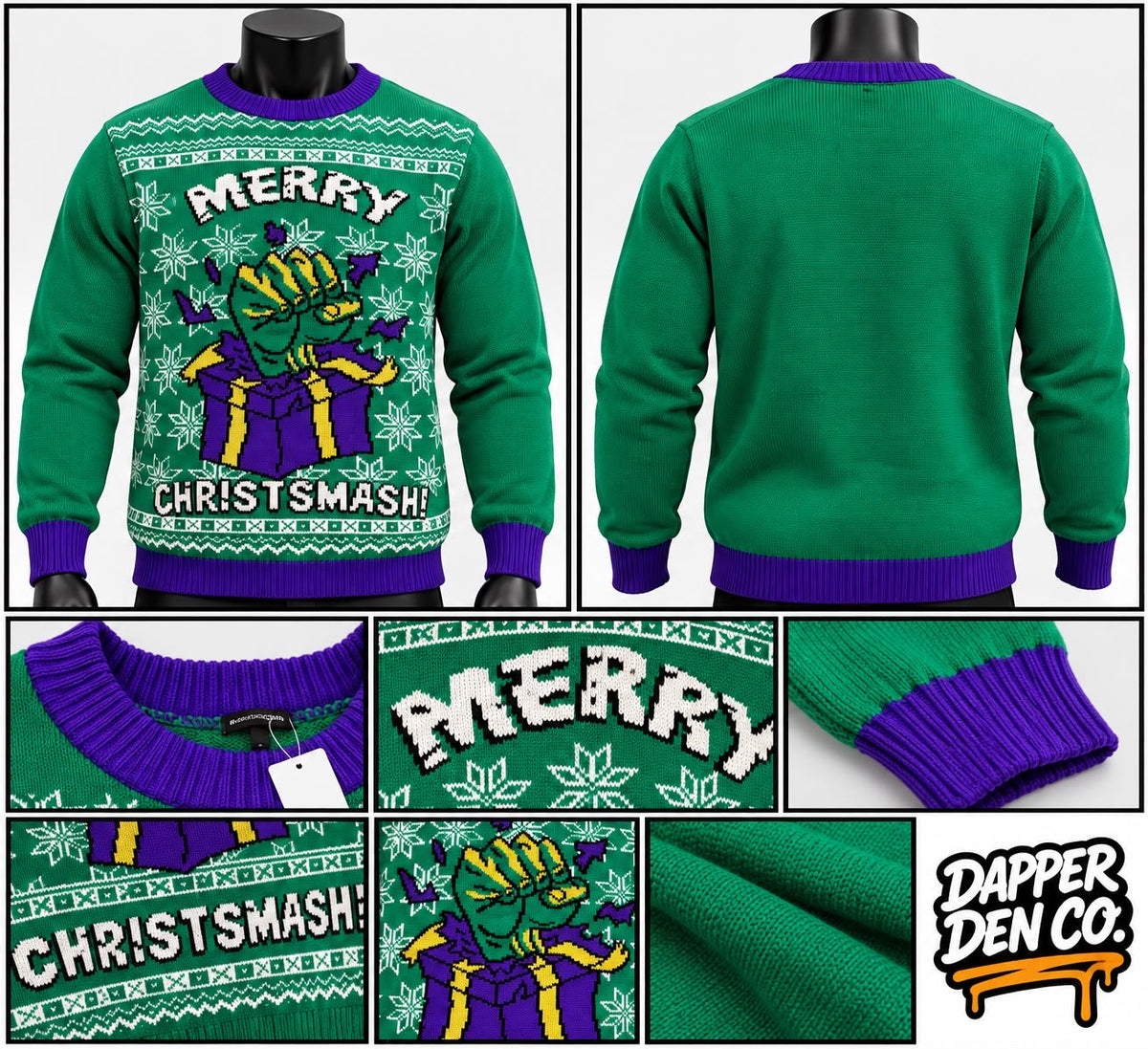 Christmas Marvel Hulk Merry Christsmash Green Purple Knit Jumper size L