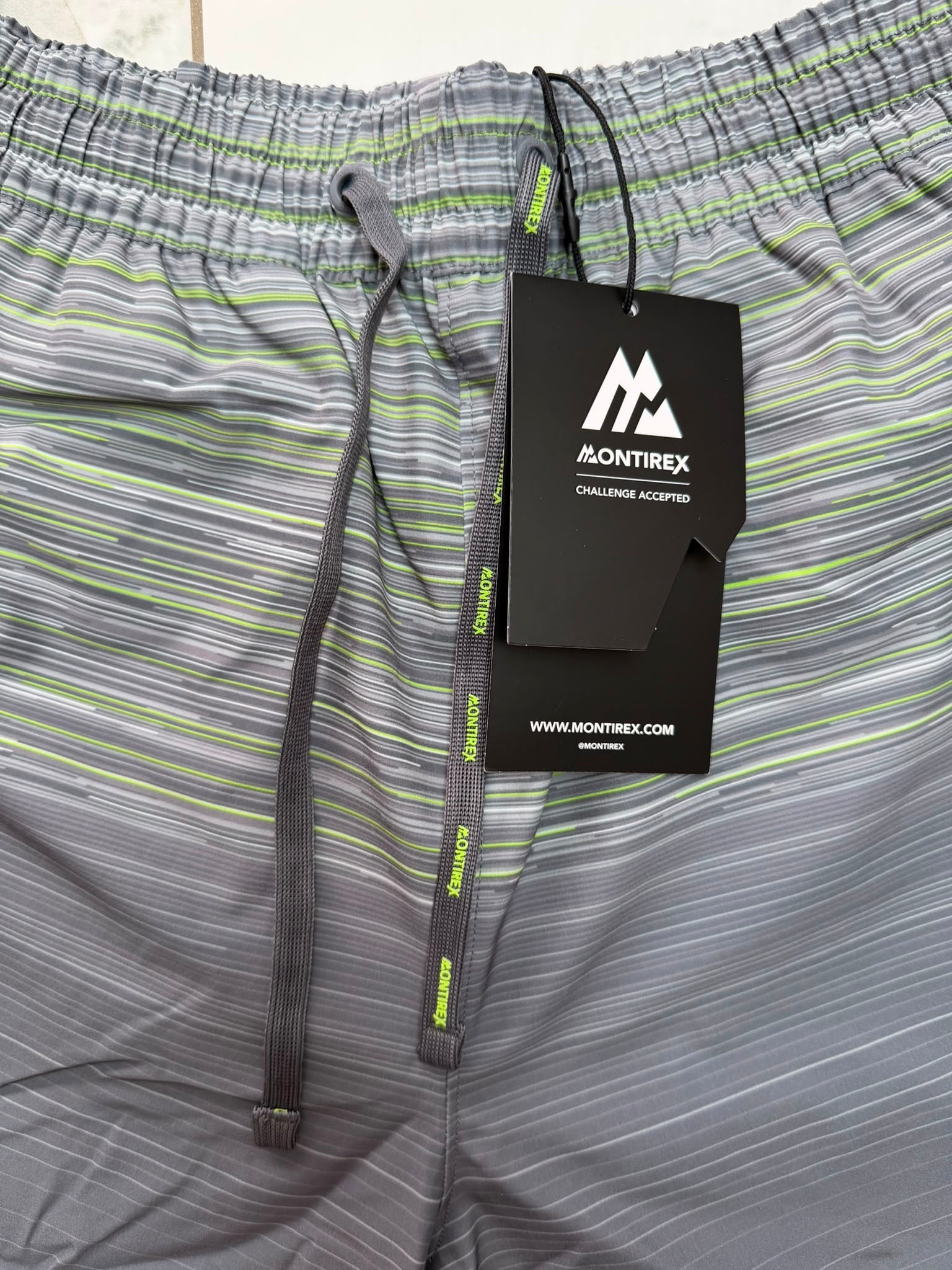 Montirex Men's Swim Shorts Grey/Green Striped Drawstring Elastic Waist Size S