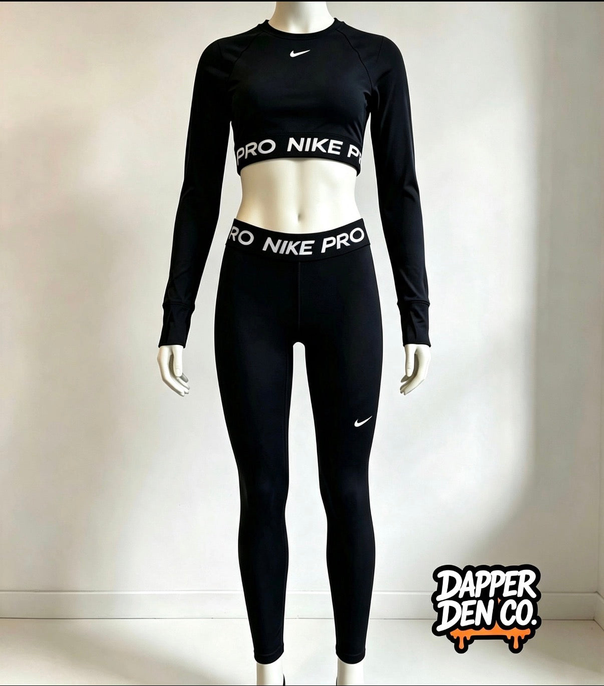 Nike Pro Dri-FIT Womens Black 2pc Crop Long Sleeve Top & Leggings Set XS