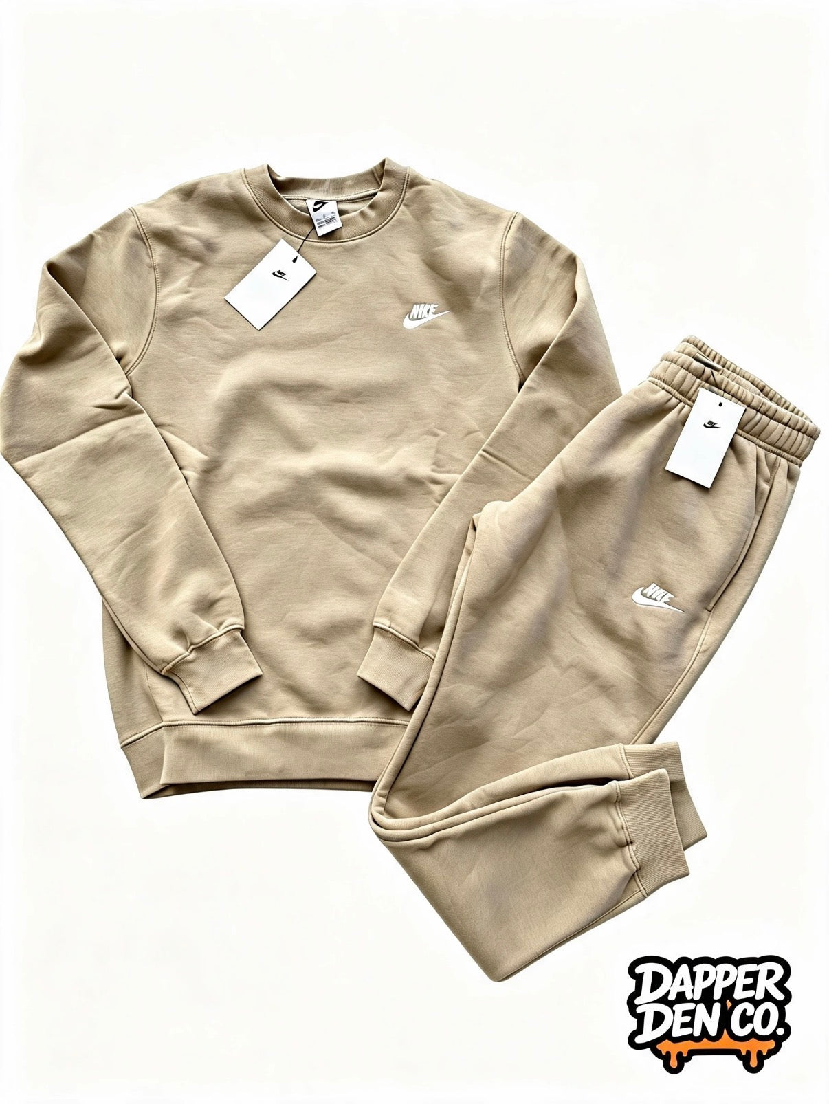 Nike Logo Men's 2pc Fleece Sweatshirt & Joggers Set Beige M Standard Fit