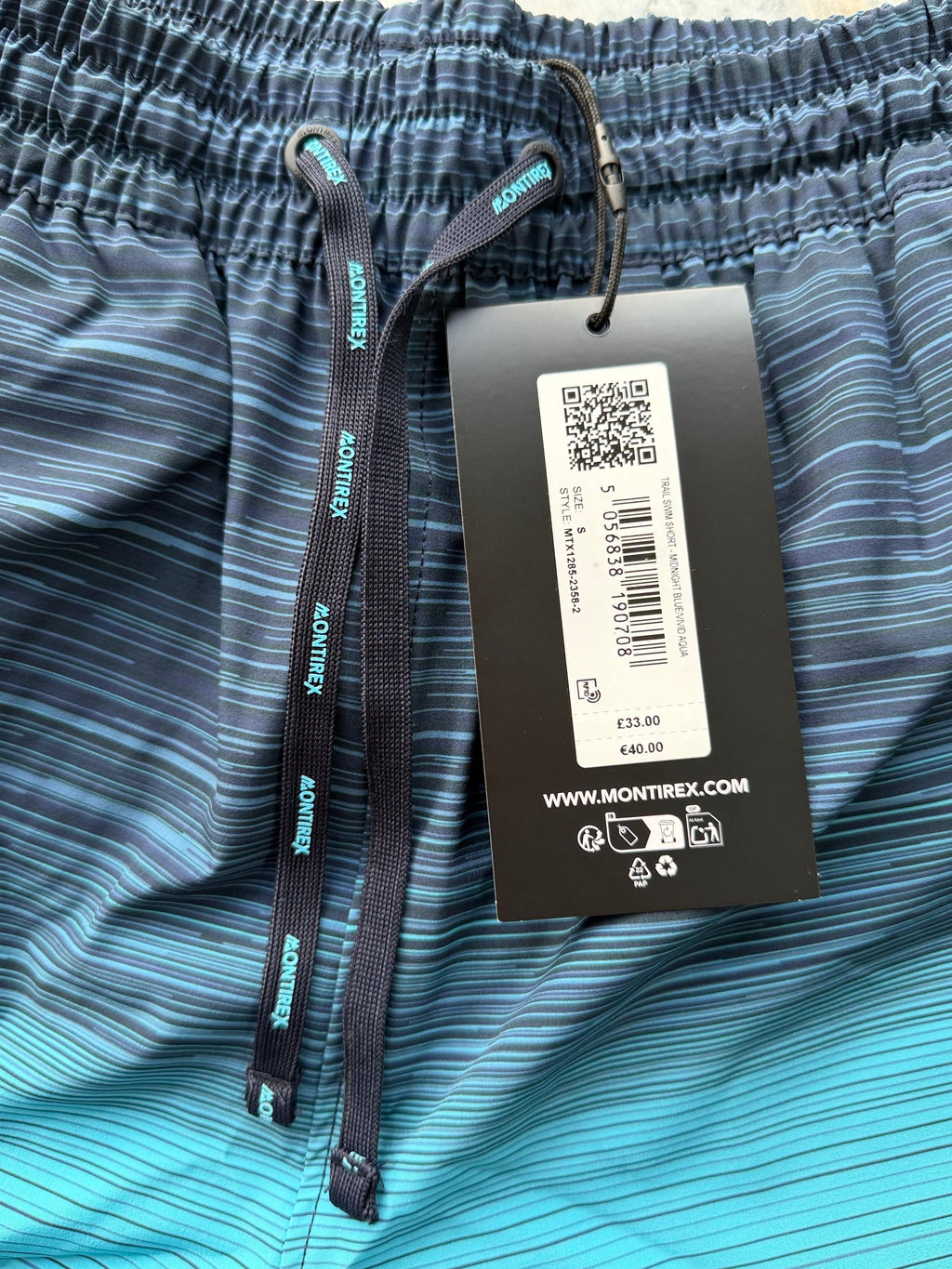 Montirex Men's Swim Shorts S Blue/Aqua Striped Gradient Elastic Waist Mesh Lined