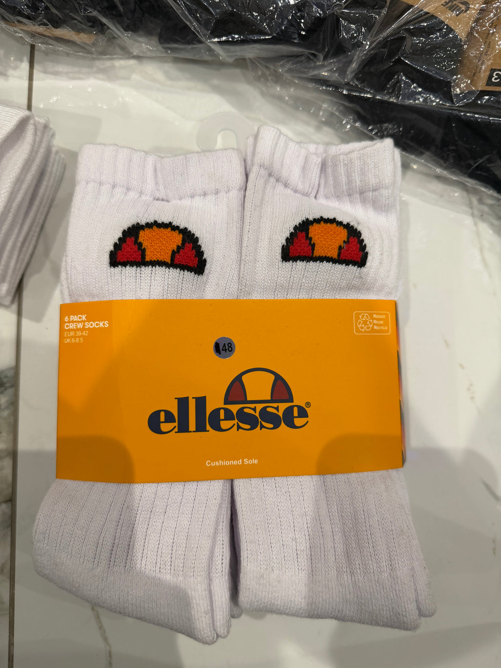 ellesse Cushioned Crew Socks White Logo 6 Pack One Size Mens Cotton Blend 6-9