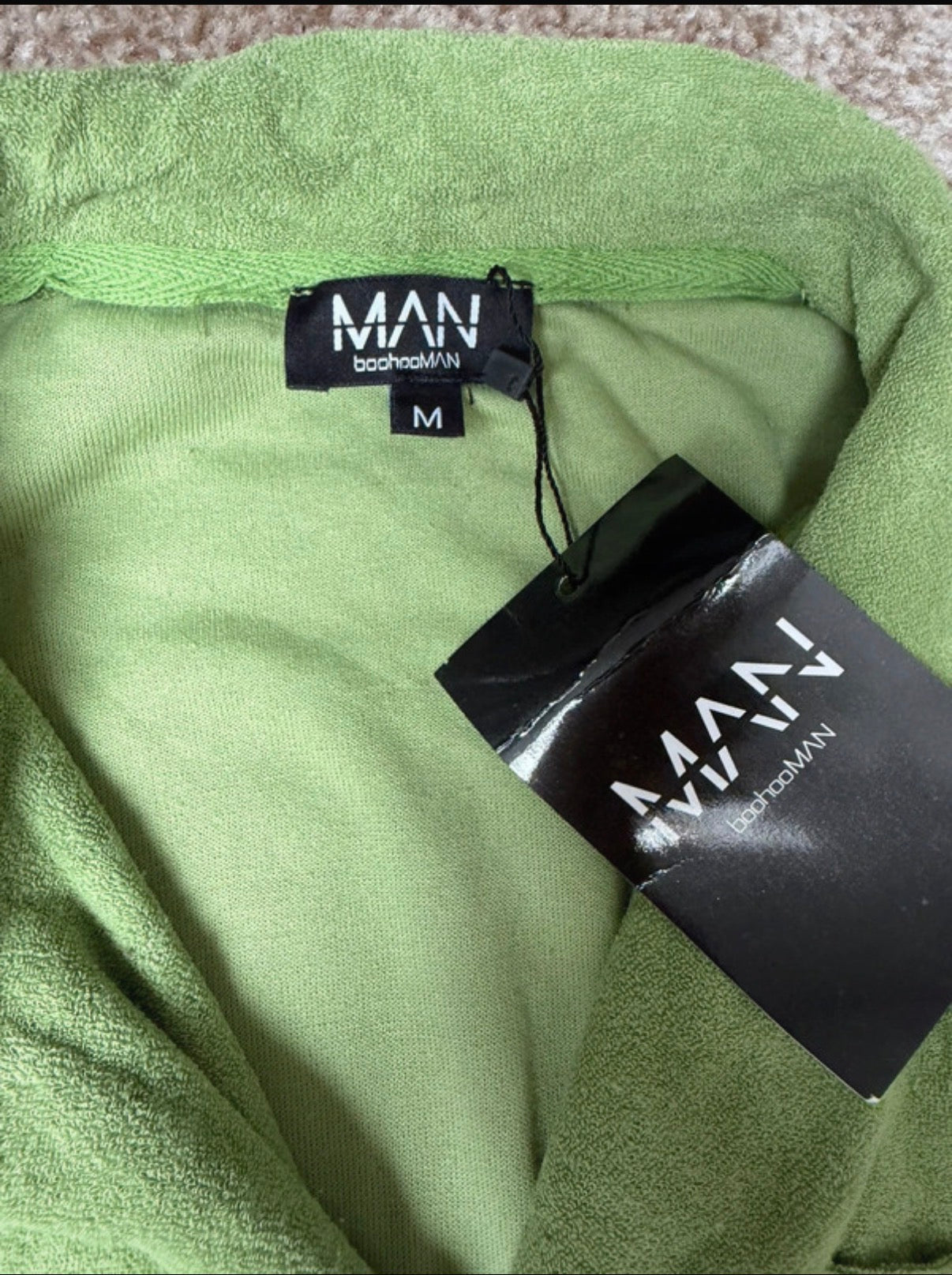 boohooMAN Men's Green Terrycloth Cotton Button-Up Shirt & Shorts Set Size M