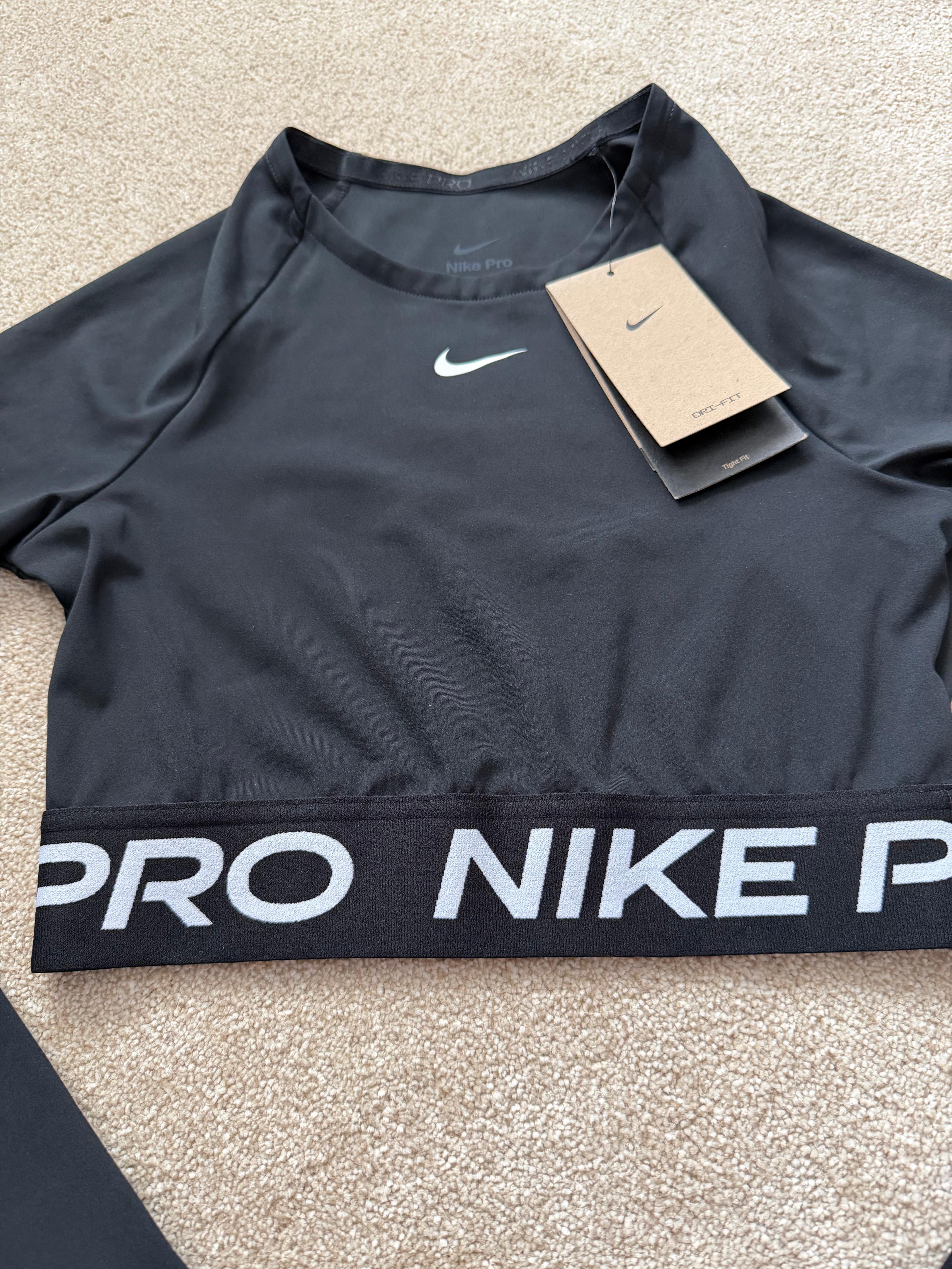 Nike Pro Dri-FIT Womens Black 2pc Crop Long Sleeve Top & Leggings Set XS