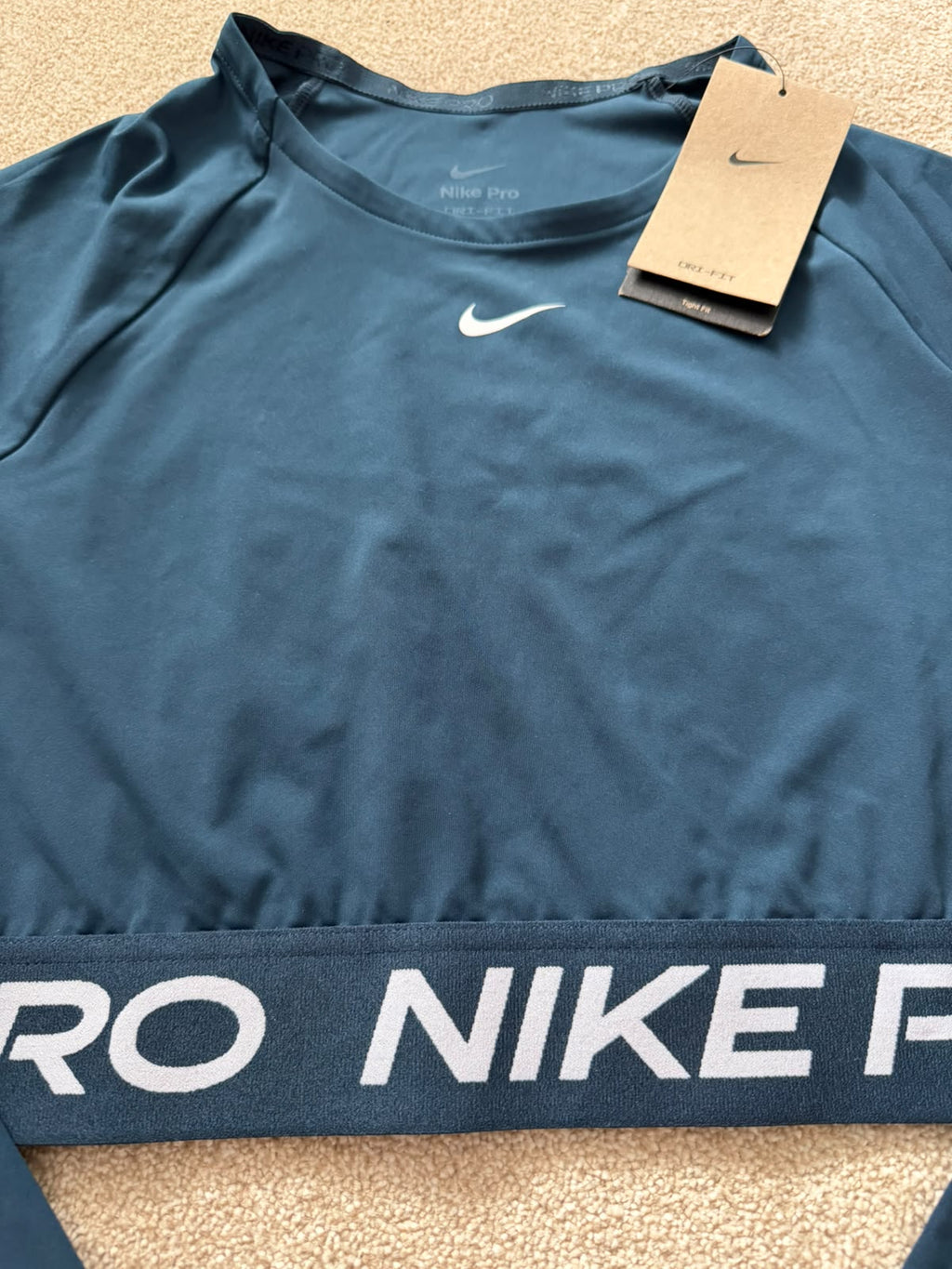 Nike Pro Dri-FIT Women's Cropped Long Sleeve Crew Neck Stretch Top Blue Large
