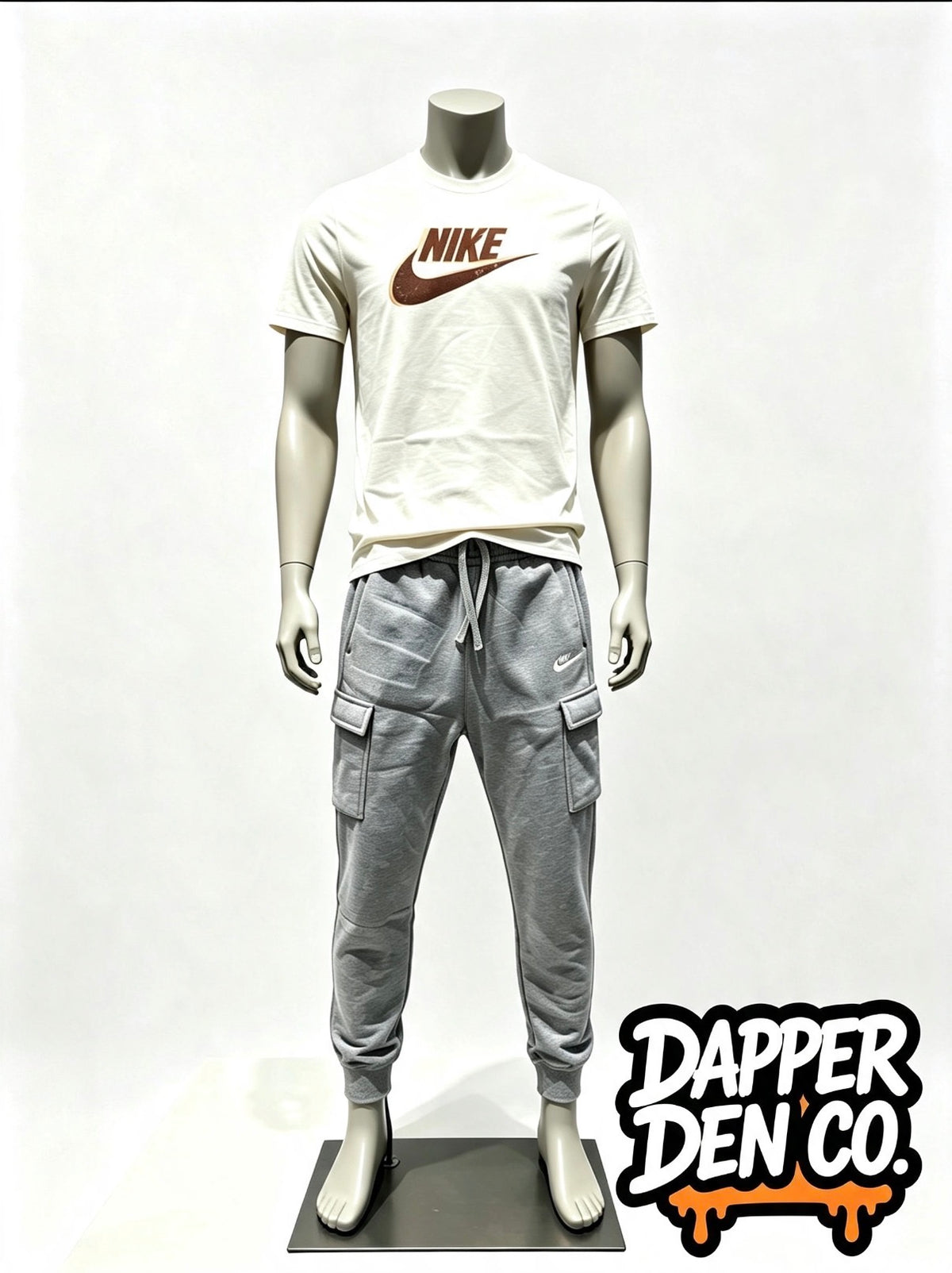 Nike Logo Men's 2pc T-Shirt & Joggers Set Pockets cargo Drawstring Grey/White M