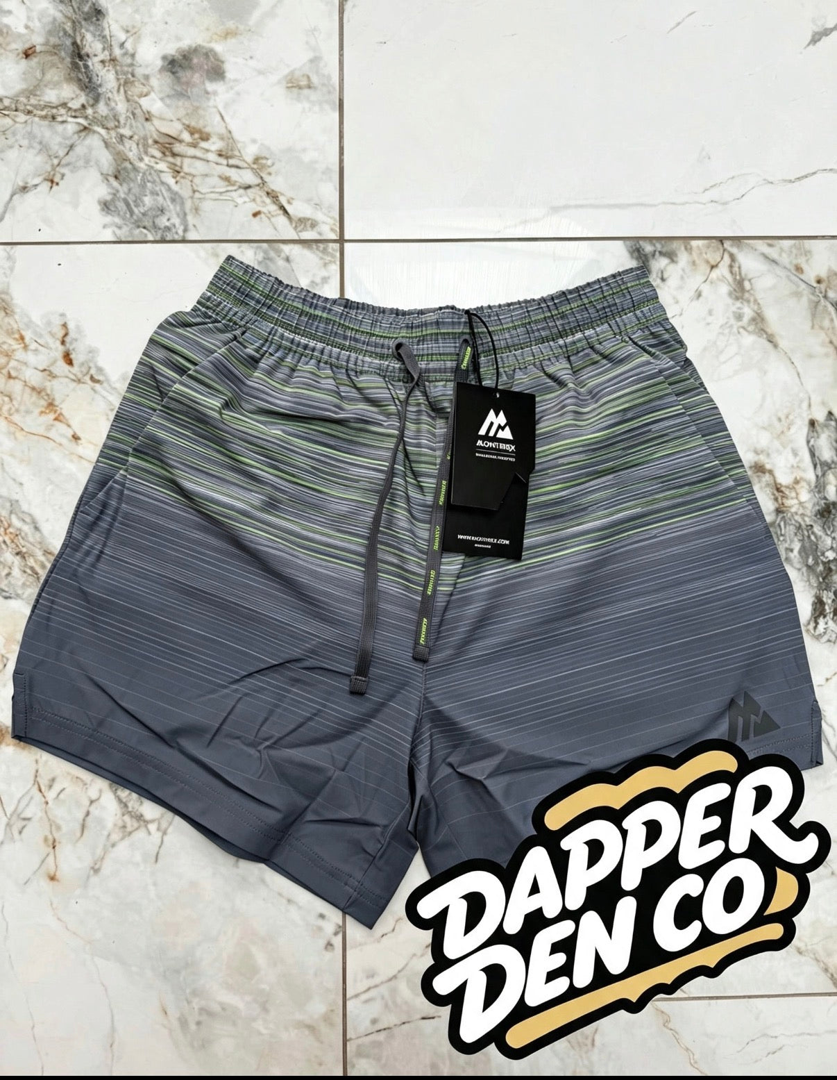 Montirex Men's Swim Shorts Grey/Green Striped Drawstring Elastic Waist Size S
