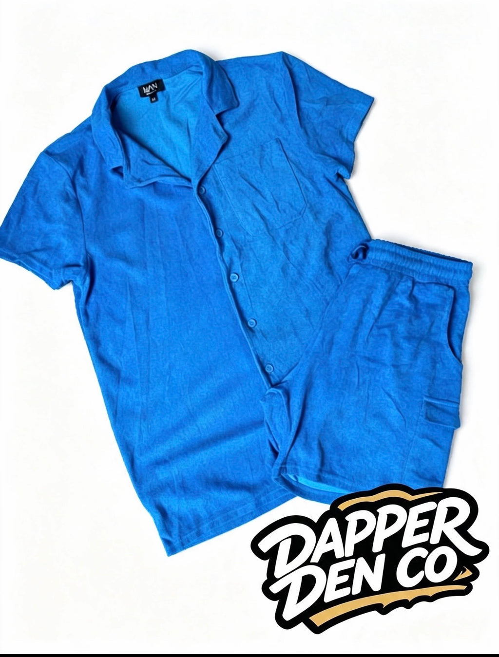 boohooMAN Men's 2pc Terry Shirt & Shorts Set Pockets Drawstring Blue M