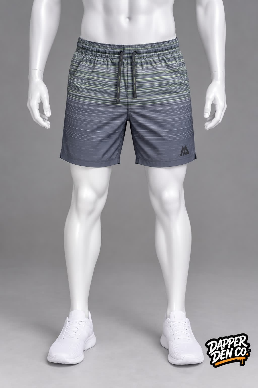 Montirex Men's Swim Shorts Grey/Green Striped Drawstring Elastic Waist Size S