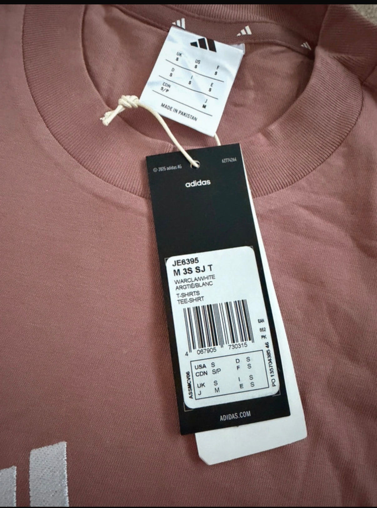 adidas Essentials Men's Pink Cotton 3-Stripes Crew T-Shirt Size S JE6395