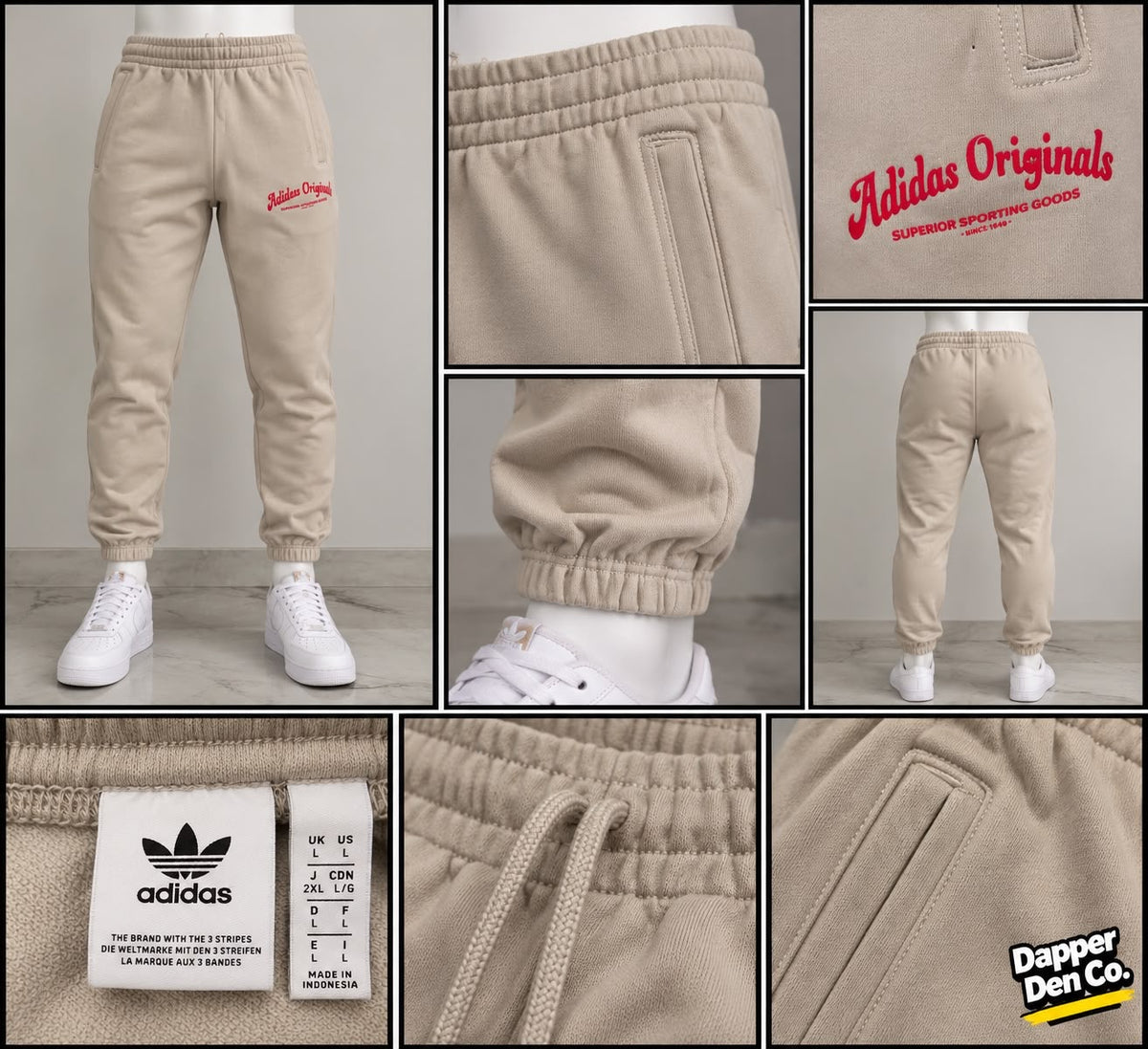 adidas Originals Unisex Beige Fleece Jogger Trousers Drawstring Tapered L