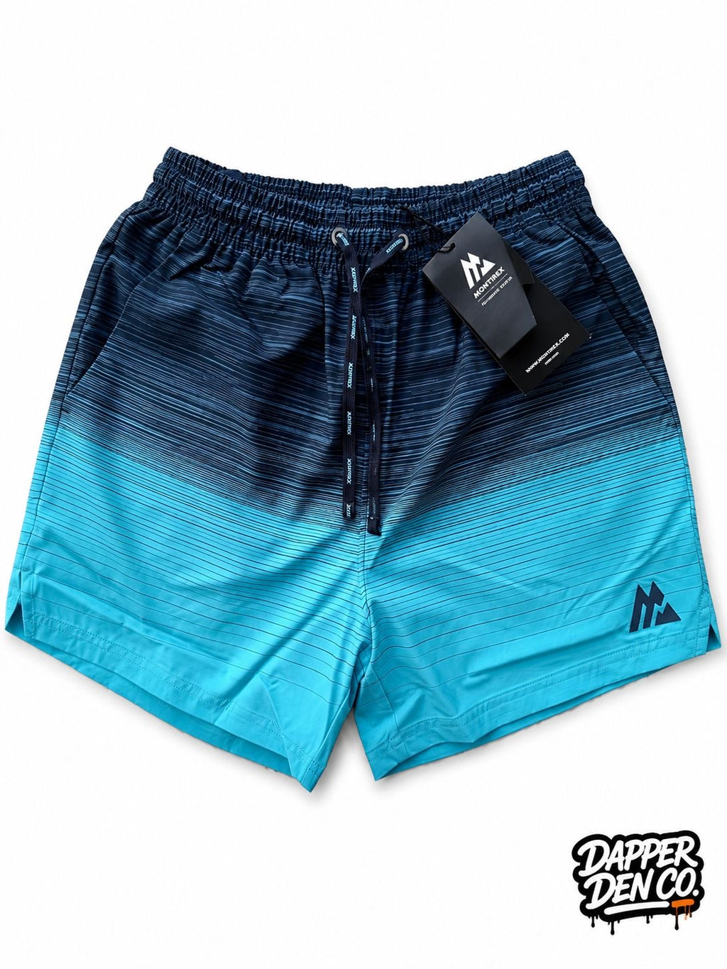 Montirex Men's Swim Shorts S Blue/Aqua Striped Gradient Elastic Waist Mesh Lined