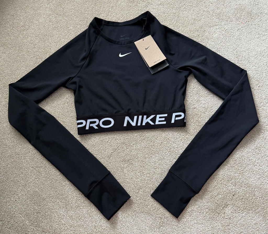 Nike Pro Dri-FIT Womens Black 2pc Crop Long Sleeve Top & Leggings Set XS