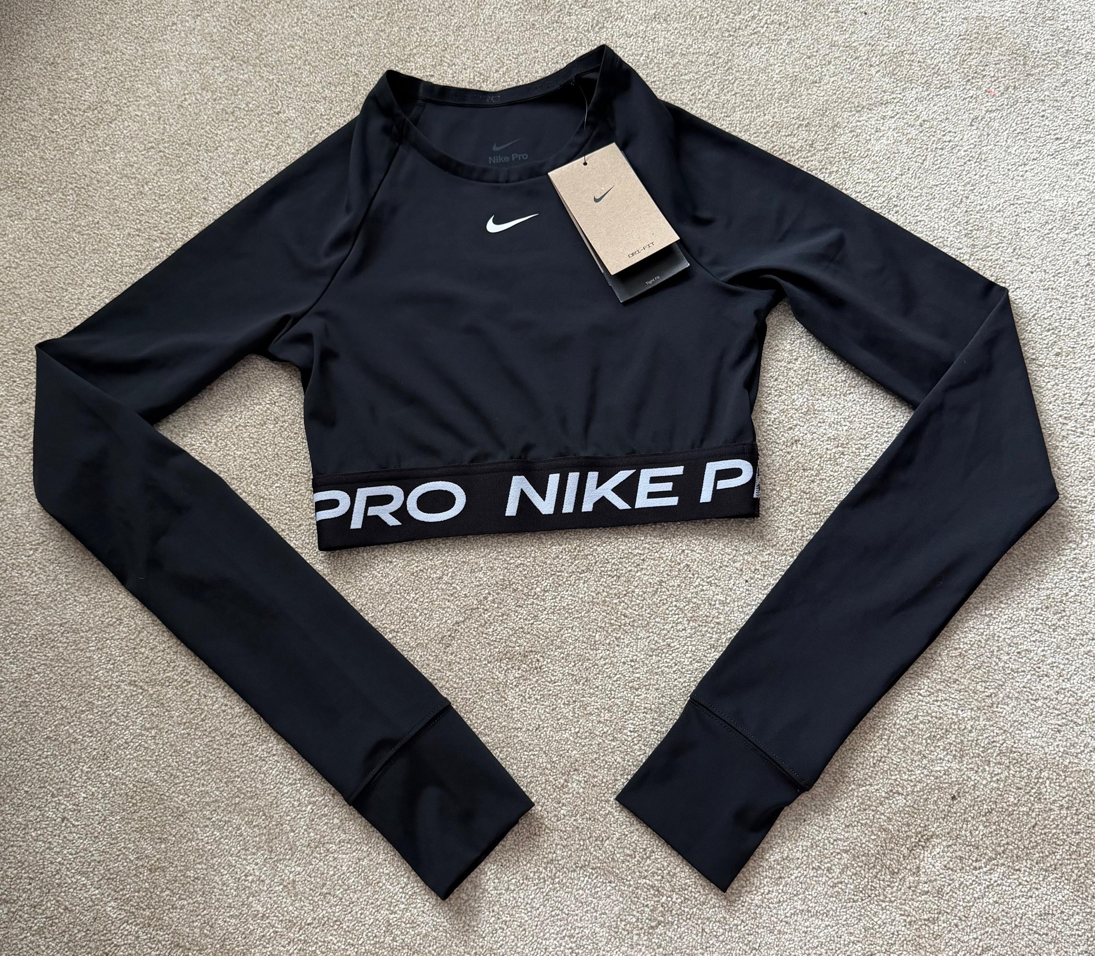 Nike Pro Dri-FIT Womens Black 2pc Crop Long Sleeve Top & Leggings Set XS
