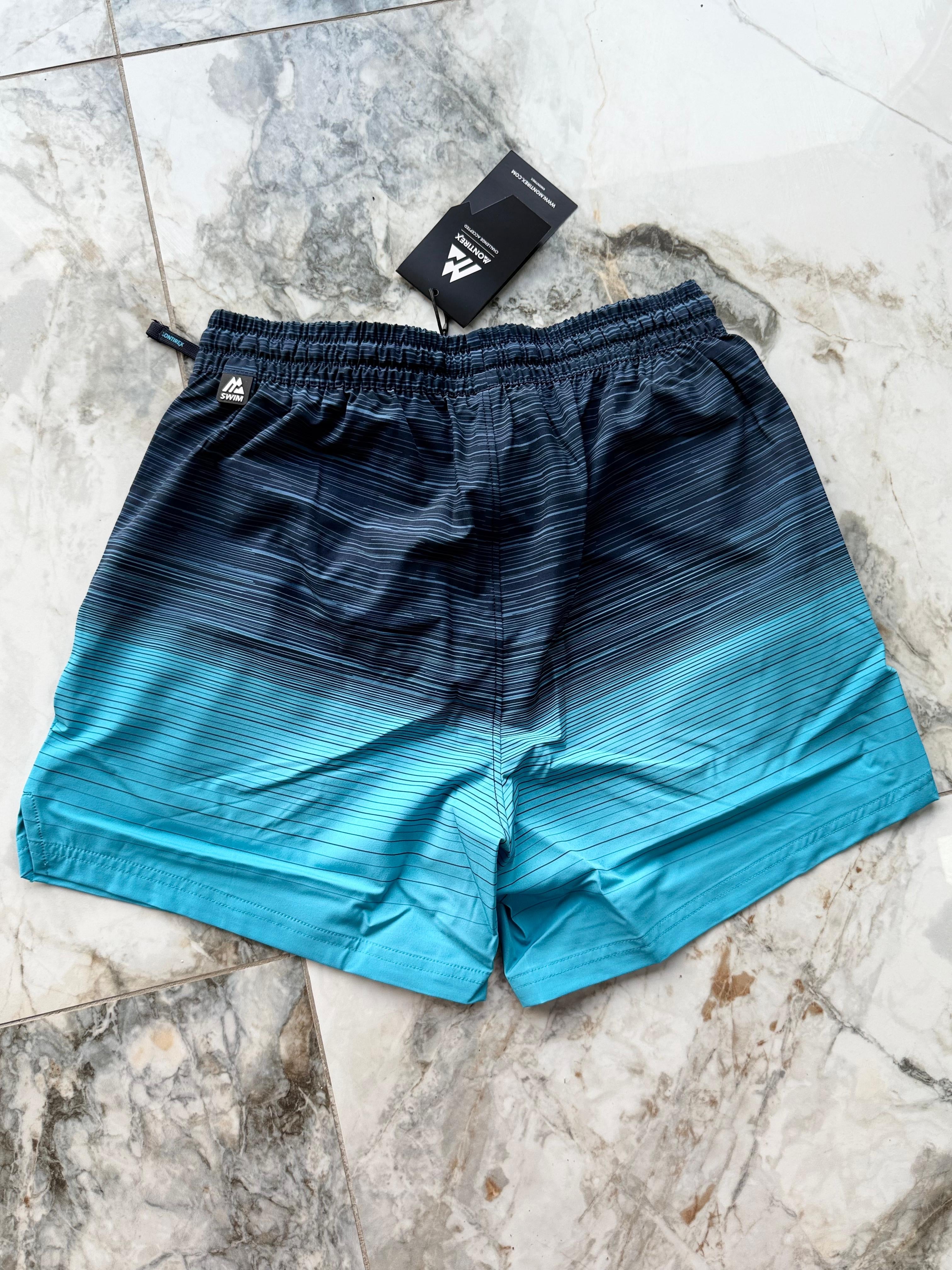 Montirex Men's Swim Shorts S Blue/Aqua Striped Gradient Elastic Waist Mesh Lined