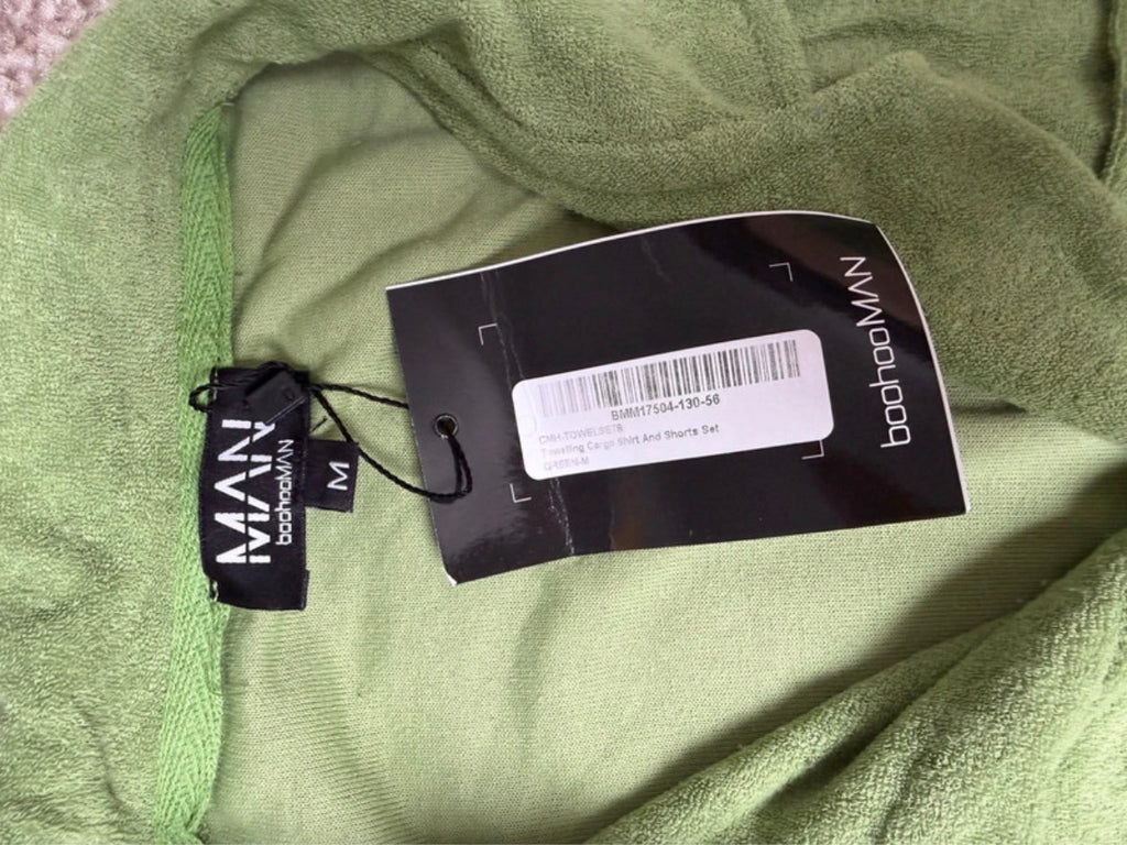 boohooMAN Men's Green Terrycloth Cotton Button-Up Shirt & Shorts Set Size M
