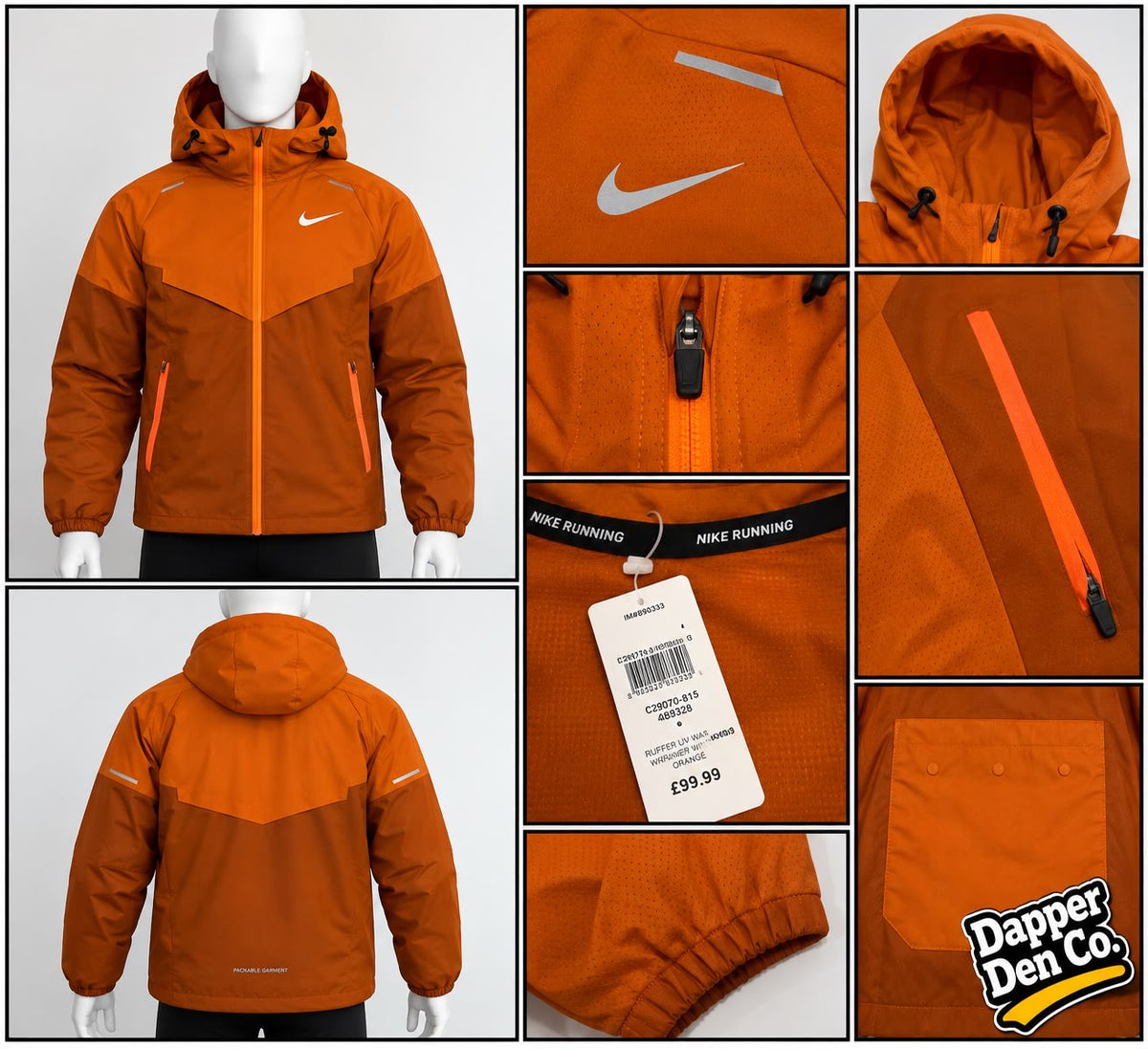 Nike Running Men's Orange Hooded Full Zip Windbreaker Jacket Reflective M