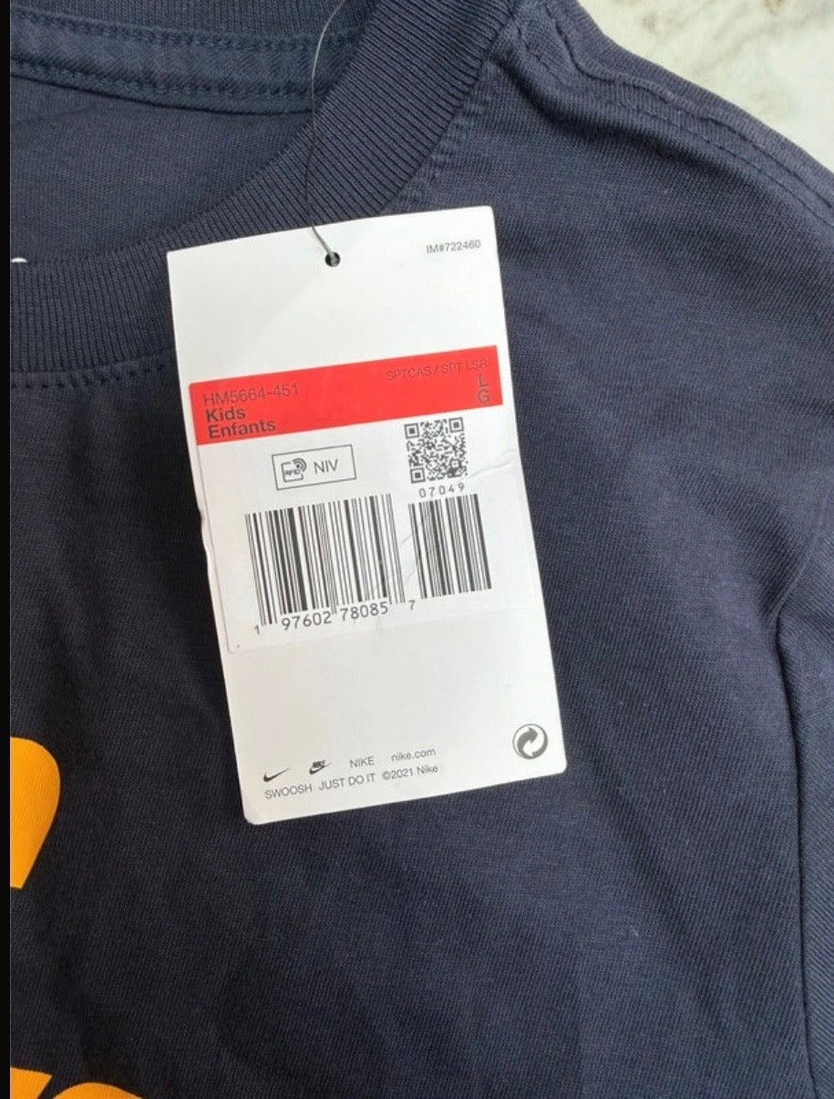Nike Sportswear Unisex Kids Navy Logo Graphic T-Shirt Size L Cotton Crew