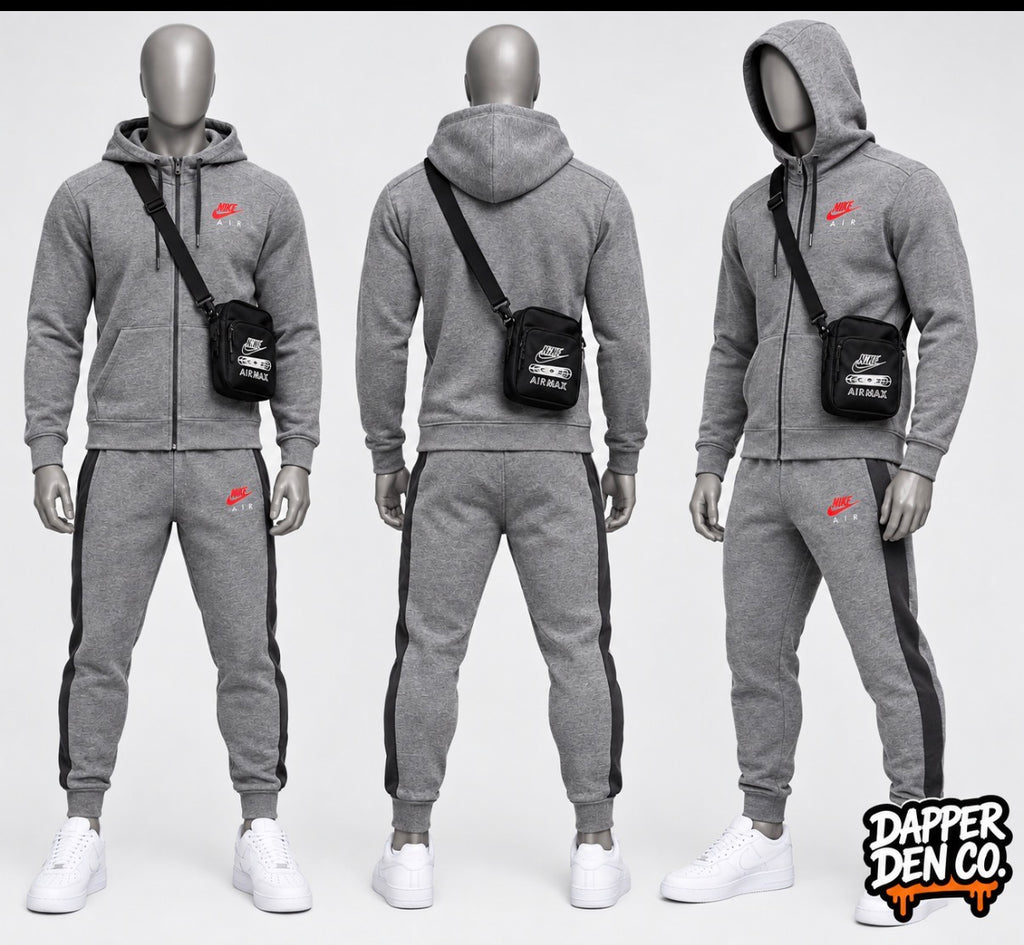 Nike Air Men's Full Zip Hooded Hoodie, Trousers &  Side Bag Tracksuit Set Grey L