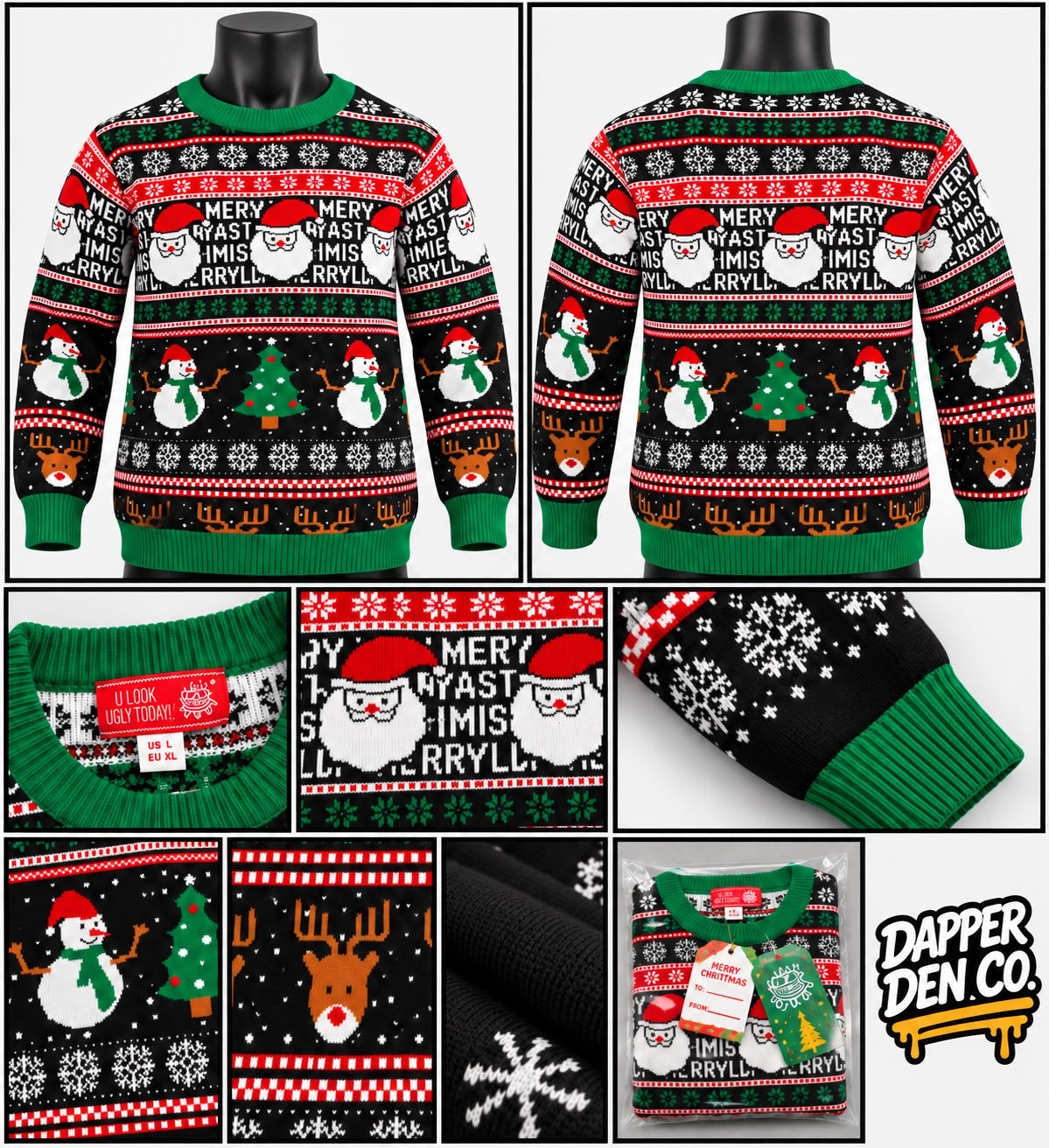 Christmas Santa LED Light up Knit Pullover Jumper Crew Neck sweatshirt XL
