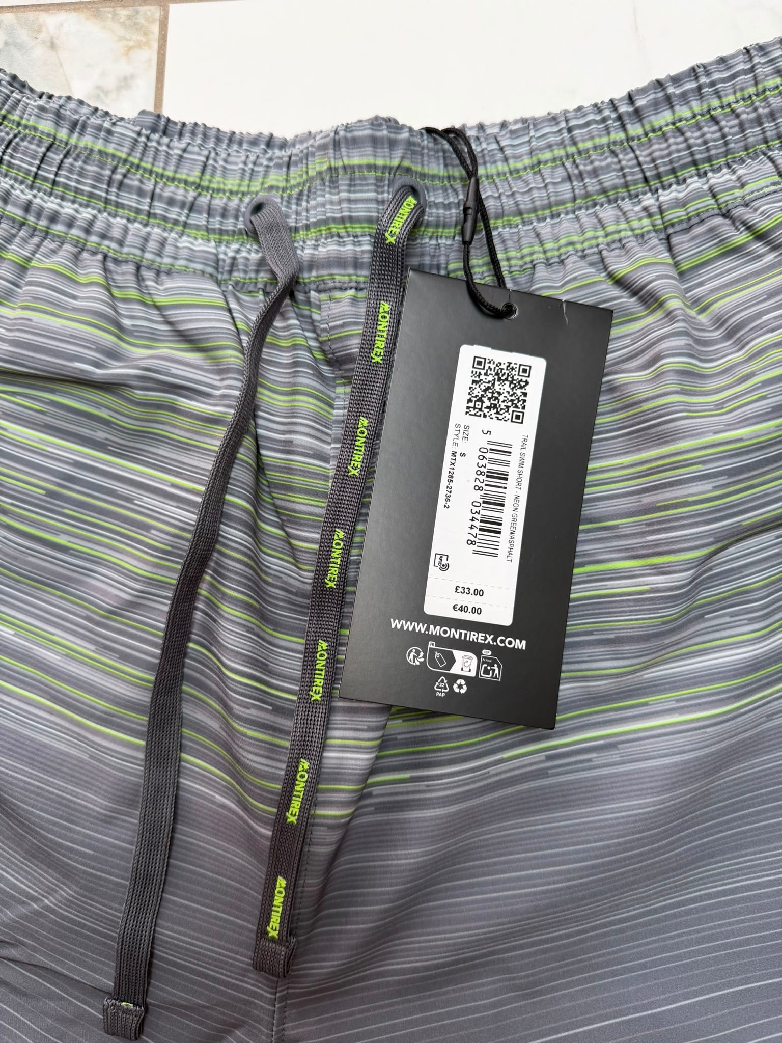 Montirex Men's Swim Shorts Grey/Green Striped Drawstring Elastic Waist Size S