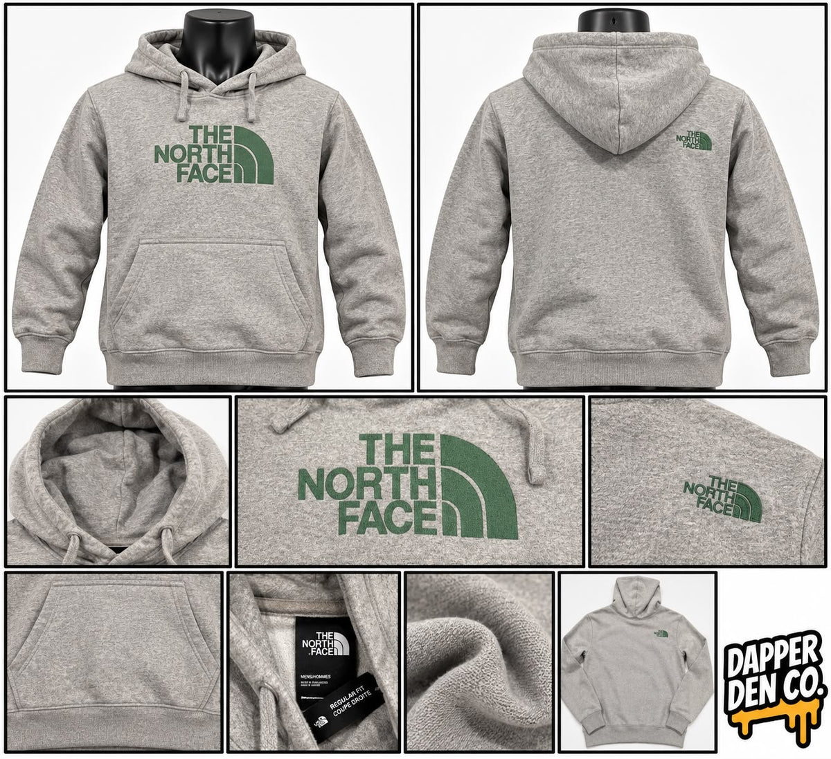 The North Face Grey/Green Pullover Fleece Hoodie Logo Pockets Size L