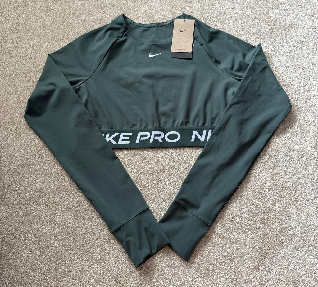 Nike Pro Dri-FIT Women's Cropped Long Sleeve Crew Neck Stretch Top Dark Green L