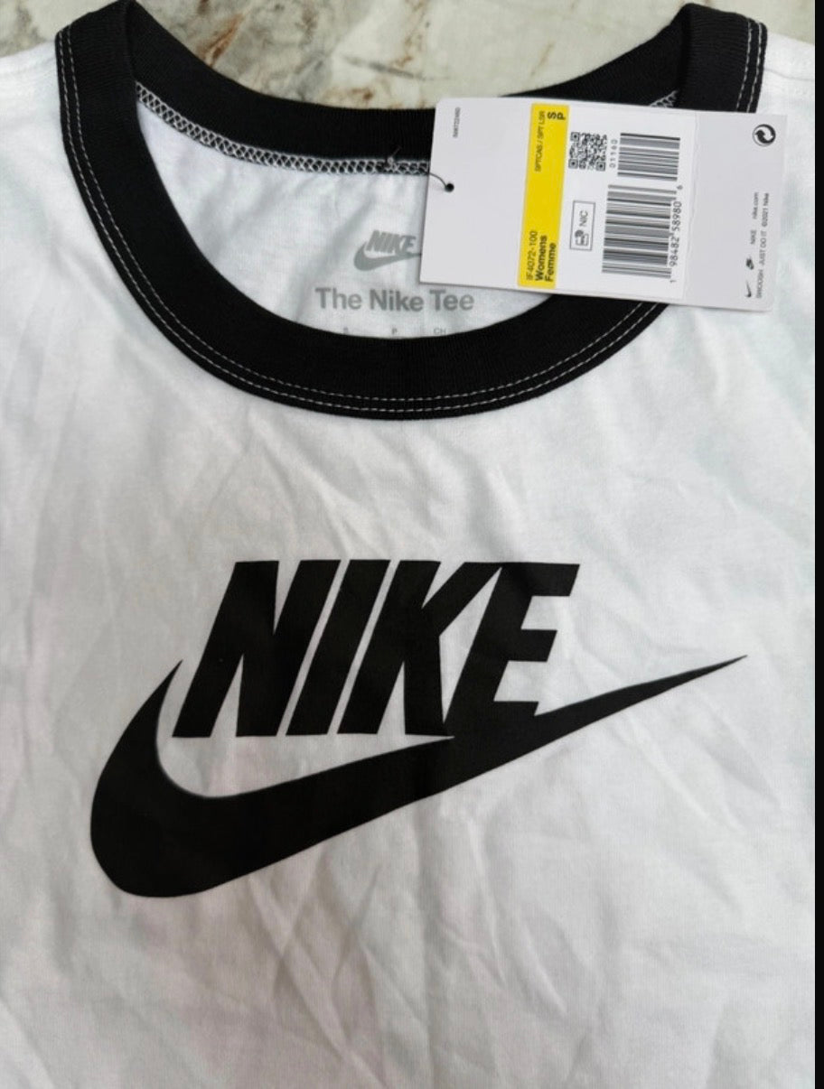 Nike Women’s The Nike Tee White/Black Logo Crew Neck Cotton Jersey T-Shirt S