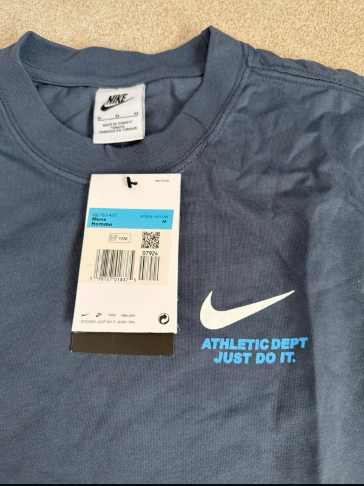 Nike Men’s Blue Athletic Dept Just Do It Logo Graphic Crew Neck T-Shirt M