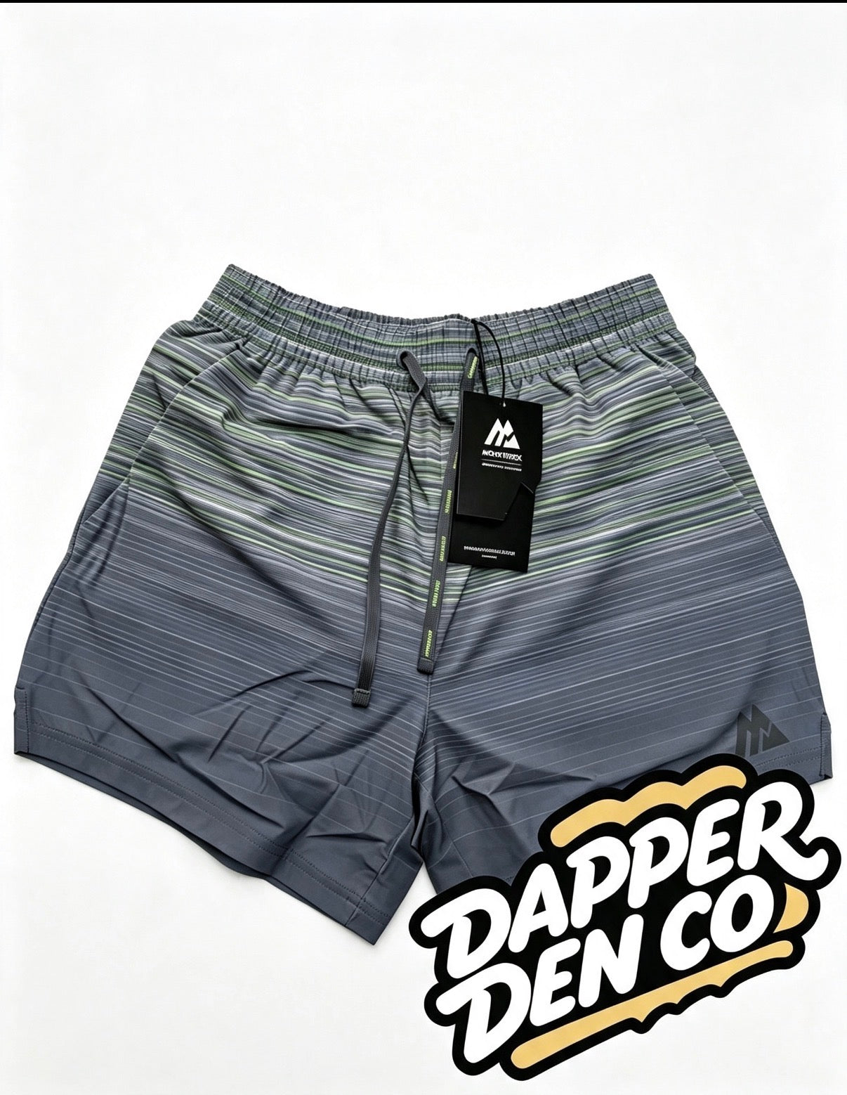Montirex Men's Swim Shorts Grey/Green Striped Drawstring Elastic Waist Size S