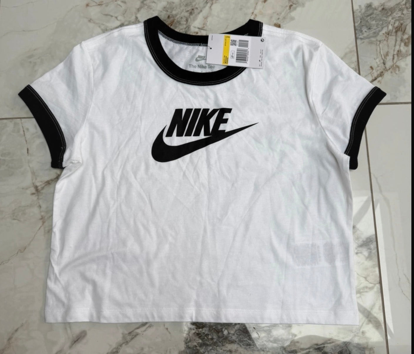 Nike Women’s The Nike Tee White/Black Logo Crew Neck Cotton Jersey T-Shirt S