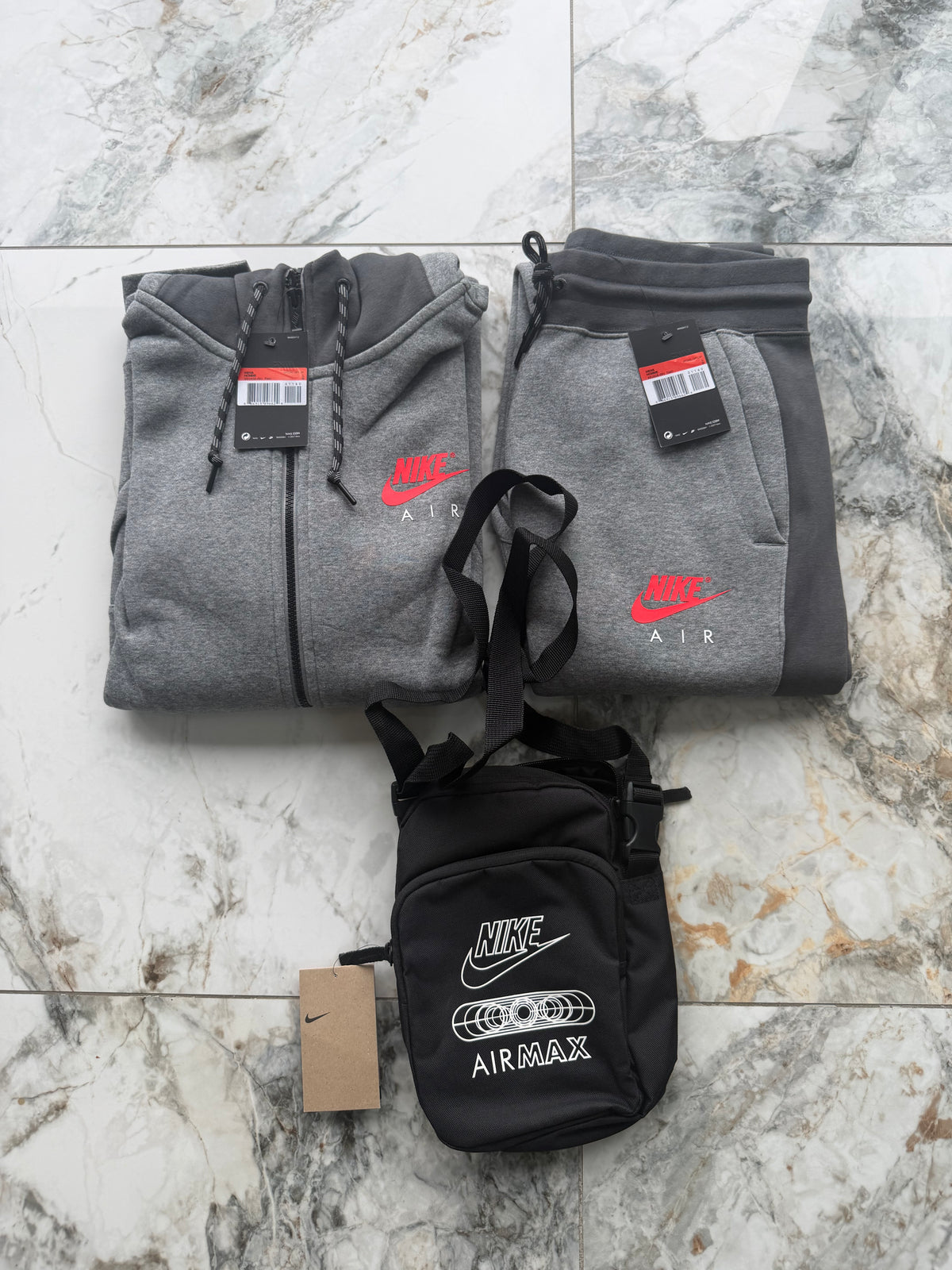 Nike Air Men's Full Zip Hooded Hoodie, Trousers &  Side Bag Tracksuit Set Grey L