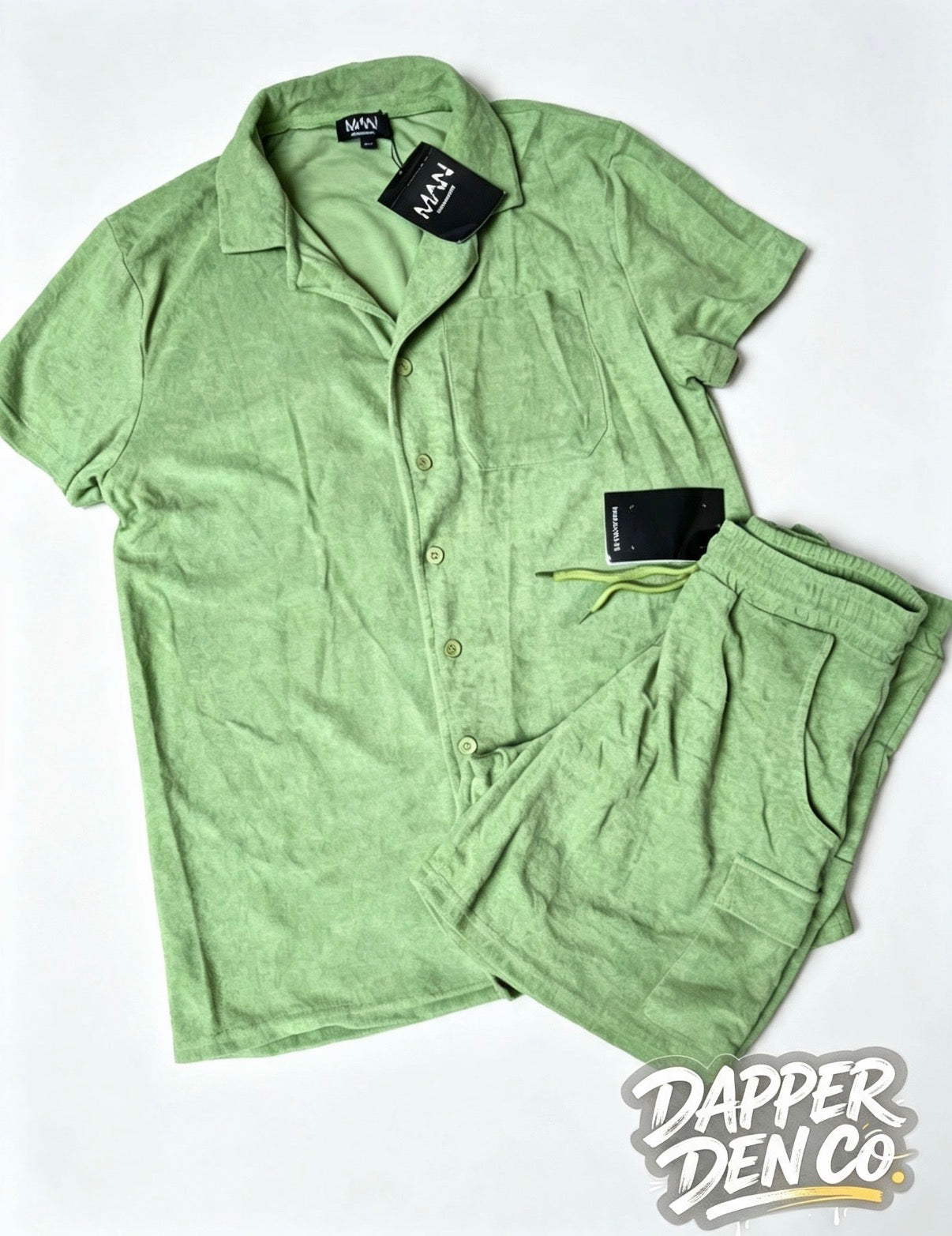 boohooMAN Men's Green Terrycloth Cotton Button-Up Shirt & Shorts Set Size M