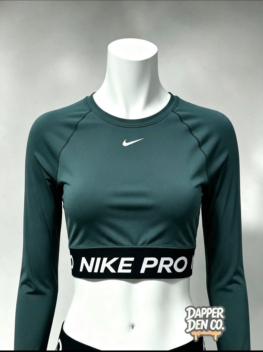 Nike Pro Dri-FIT Women's Cropped Long Sleeve Crew Neck Stretch Top Dark Green L