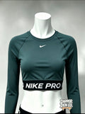 Nike Pro Dri-FIT Women's Cropped Long Sleeve Crew Neck Stretch Top Dark Green L