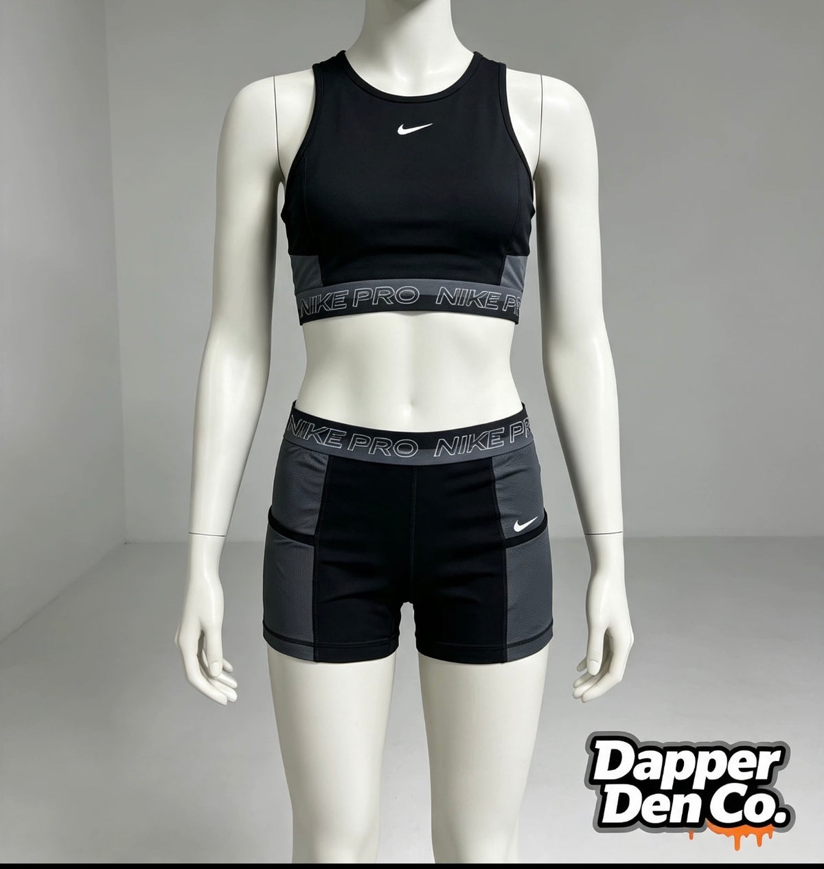 Nike Pro Women’s Medium Support Racerback Crop Top & Shorts Black/Grey Size X Small