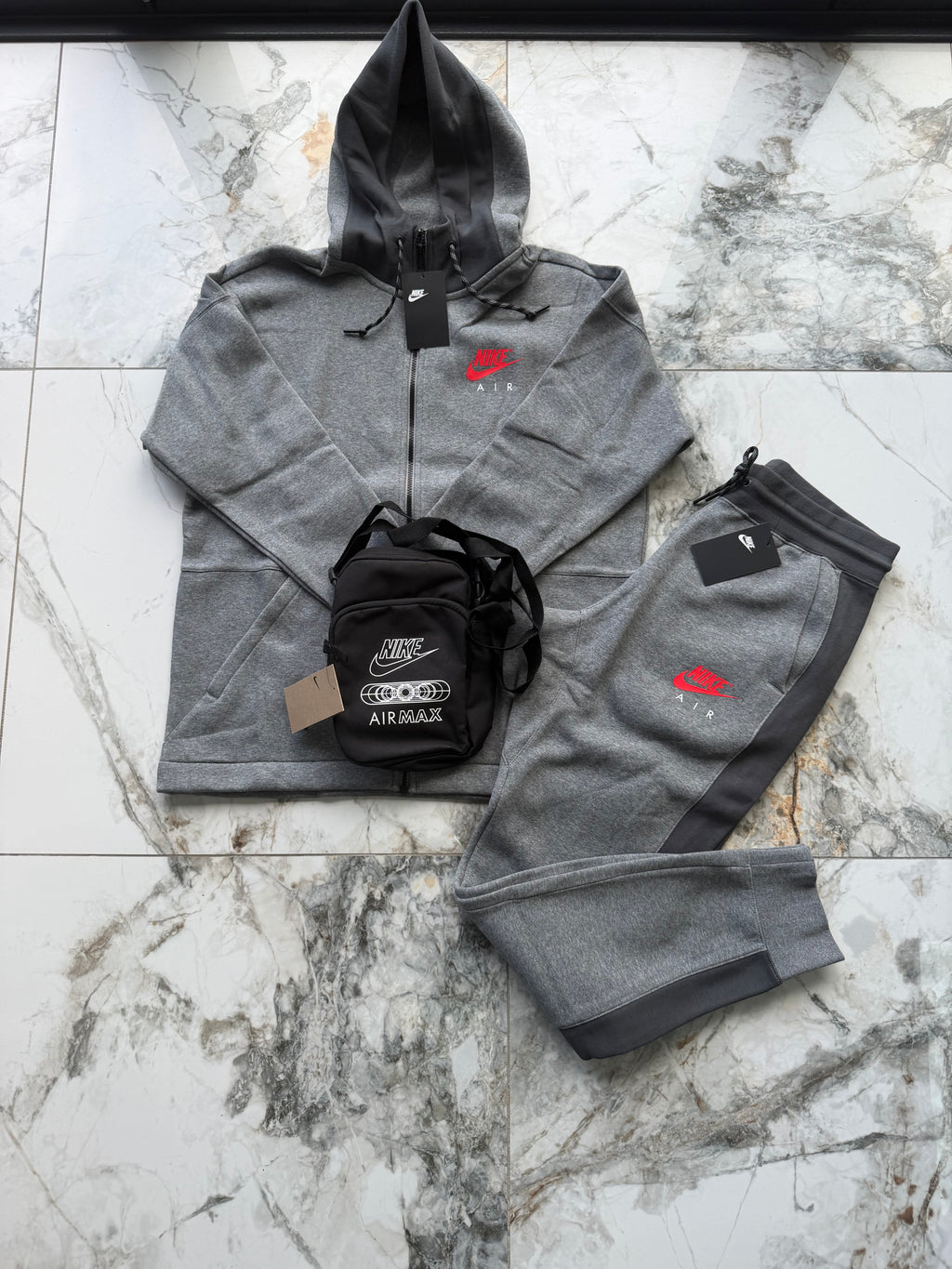 Nike Air Men's Full Zip Hooded Hoodie, Trousers &  Side Bag Tracksuit Set Grey L