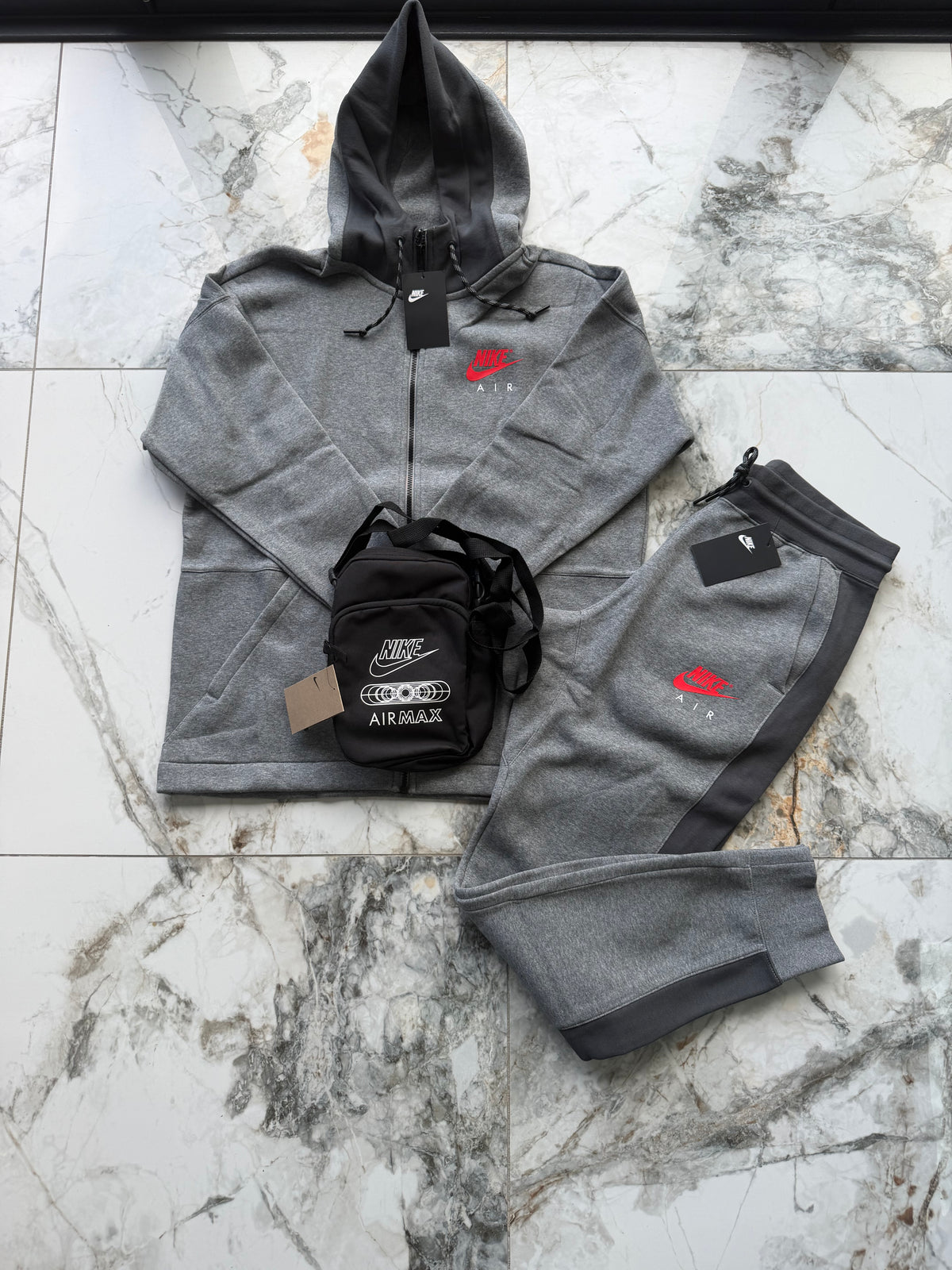 Nike Air Men's Full Zip Hooded Hoodie, Trousers &  Side Bag Tracksuit Set Grey L
